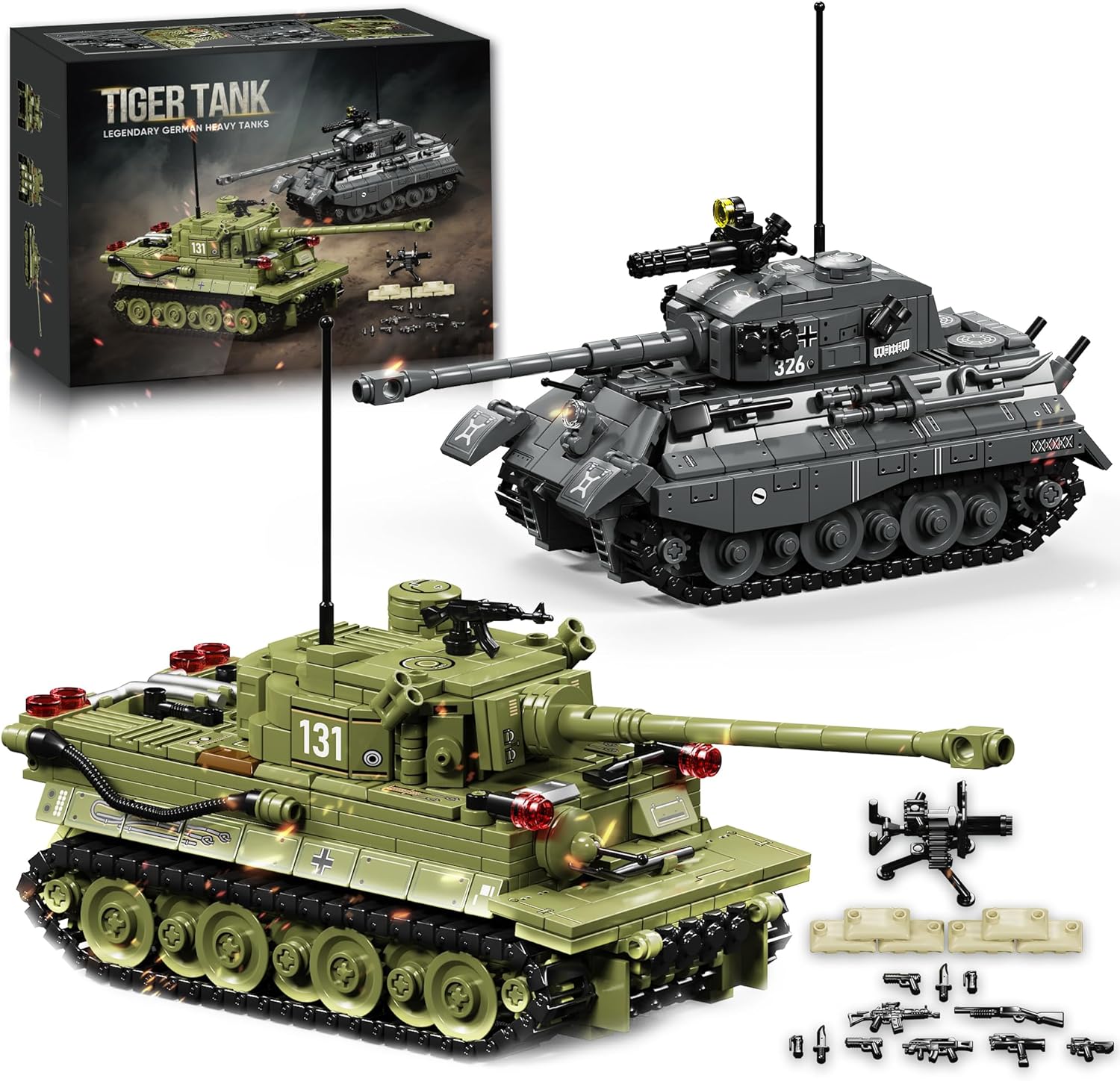 WW2 Army Tank Building Blocks Set, 2 Classic Military Tanks Building Set with Rotatable Turret, Movable Tracks & Tactical Gear, Tiger Tank Model & Military Vehicles for Collectors and Boys, 1314Pcs