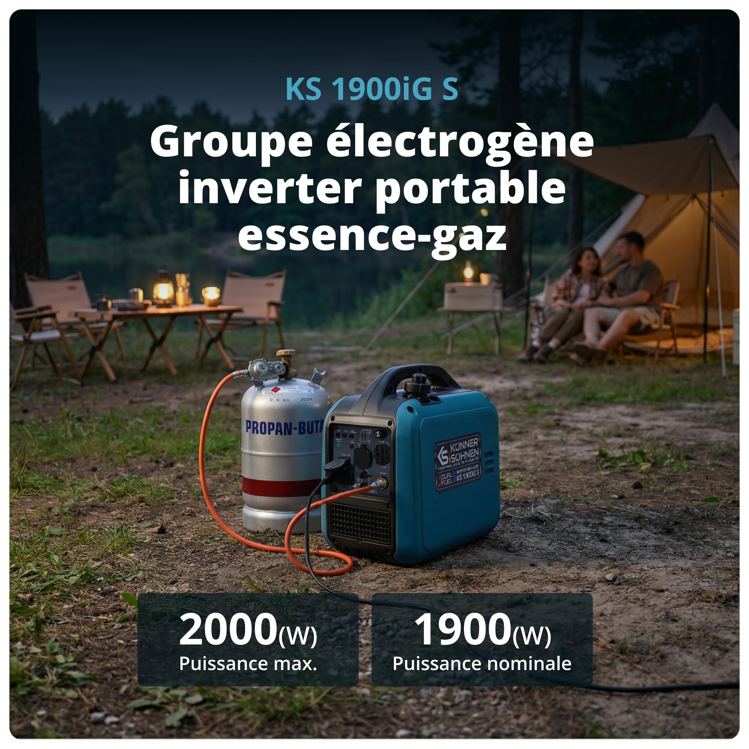Könner & Söhnen KS 1900iG S Générateur à inverseur GPL 2,0 kW, double carburant, générateur à inverseur en mode éco, groupe électrogène de secours pour une utilisation en extérieur, 230 V/16 A, Euro 5