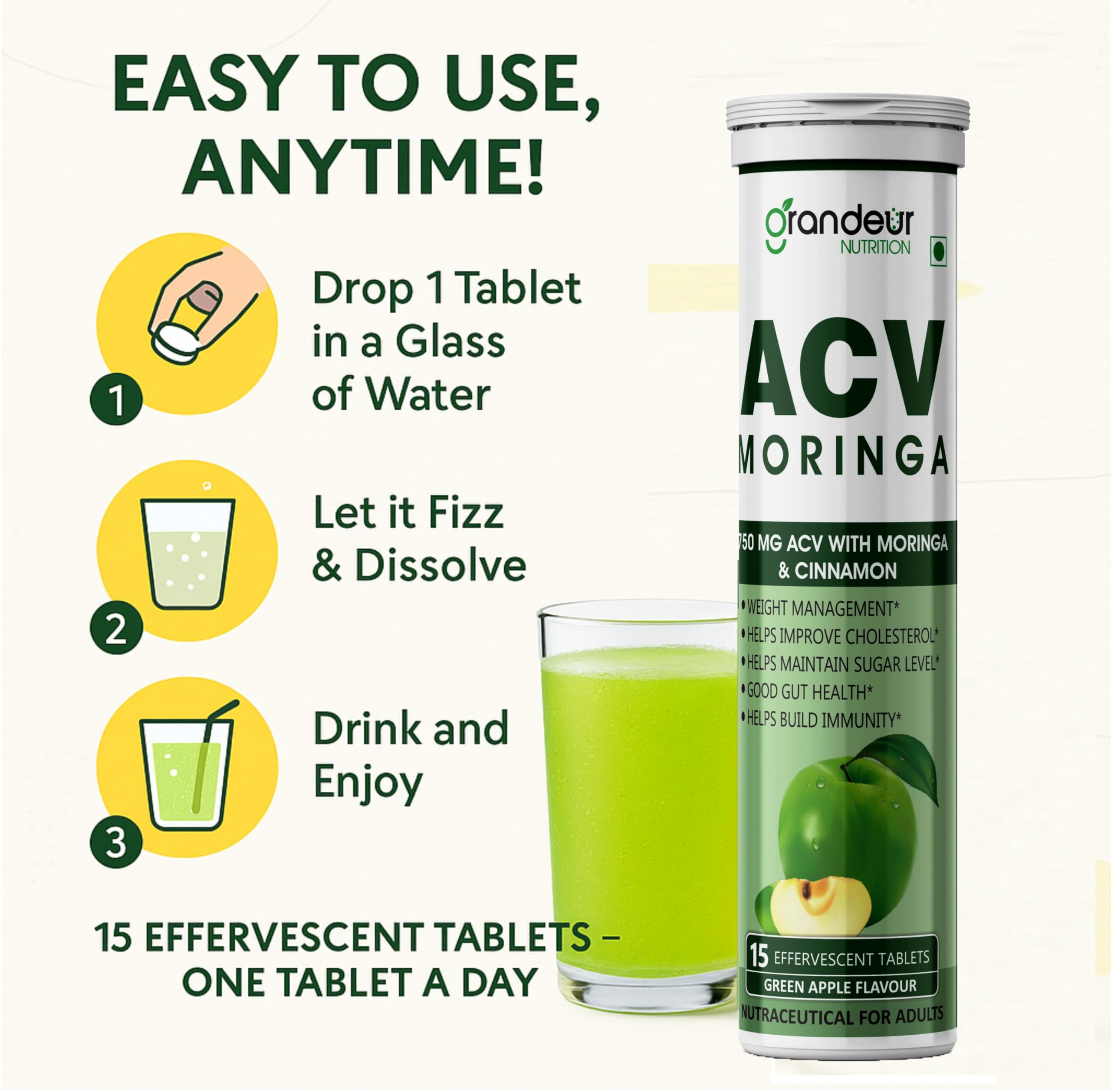 Grandeur ACV Moringa Apple Cider Vinegar Tablets 750mg, Green Apple, 60 tab — Amazon image 7