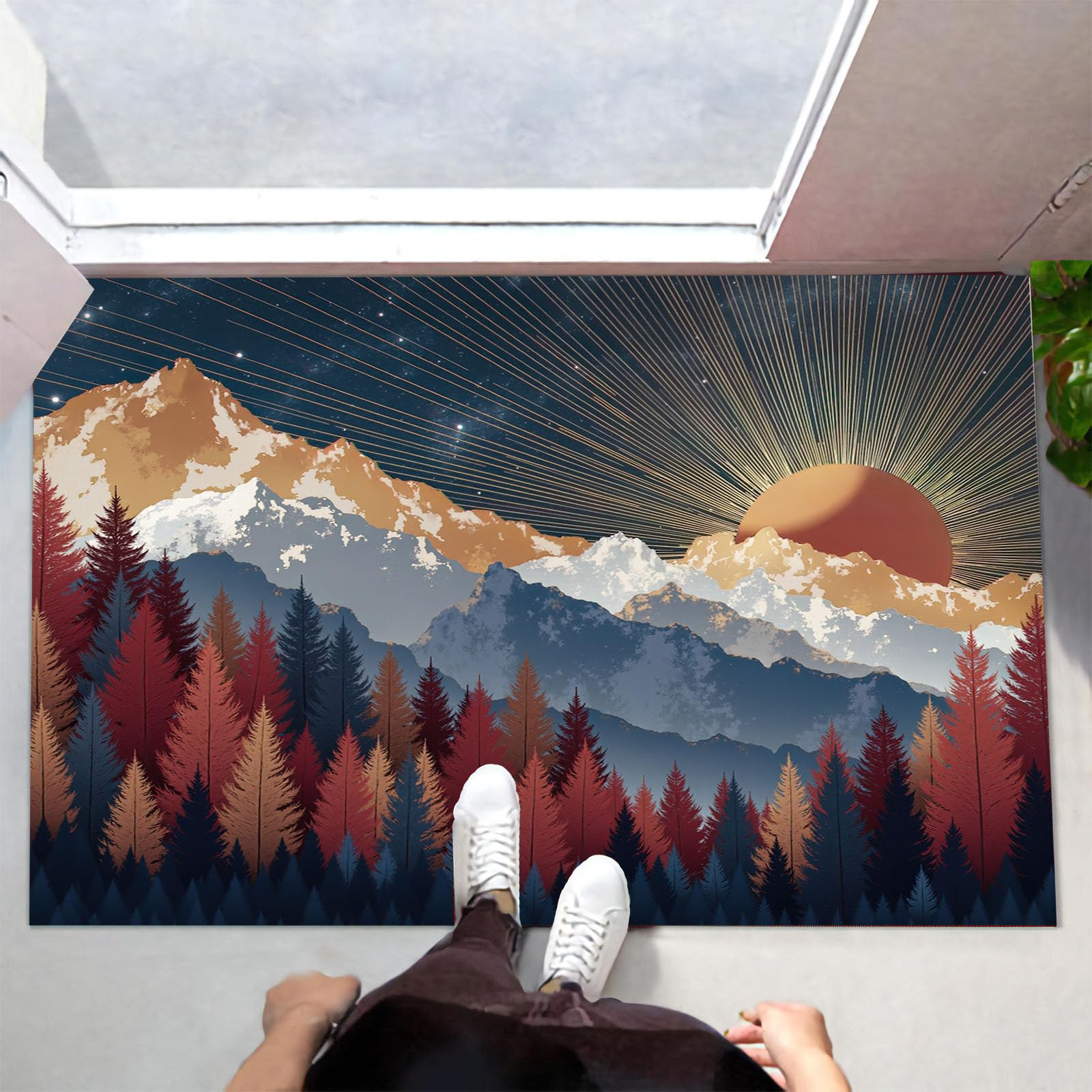 80X120Cm Zerbino Ingresso Interno Antiscivolo Assorbente, Tappeto In Microfibra Sottile Lavabile Con Montagne Dell'Alba Boema Cielo Stellato Lussuoso Per Cucina Bagno Porta E Animali, Blu Scuro