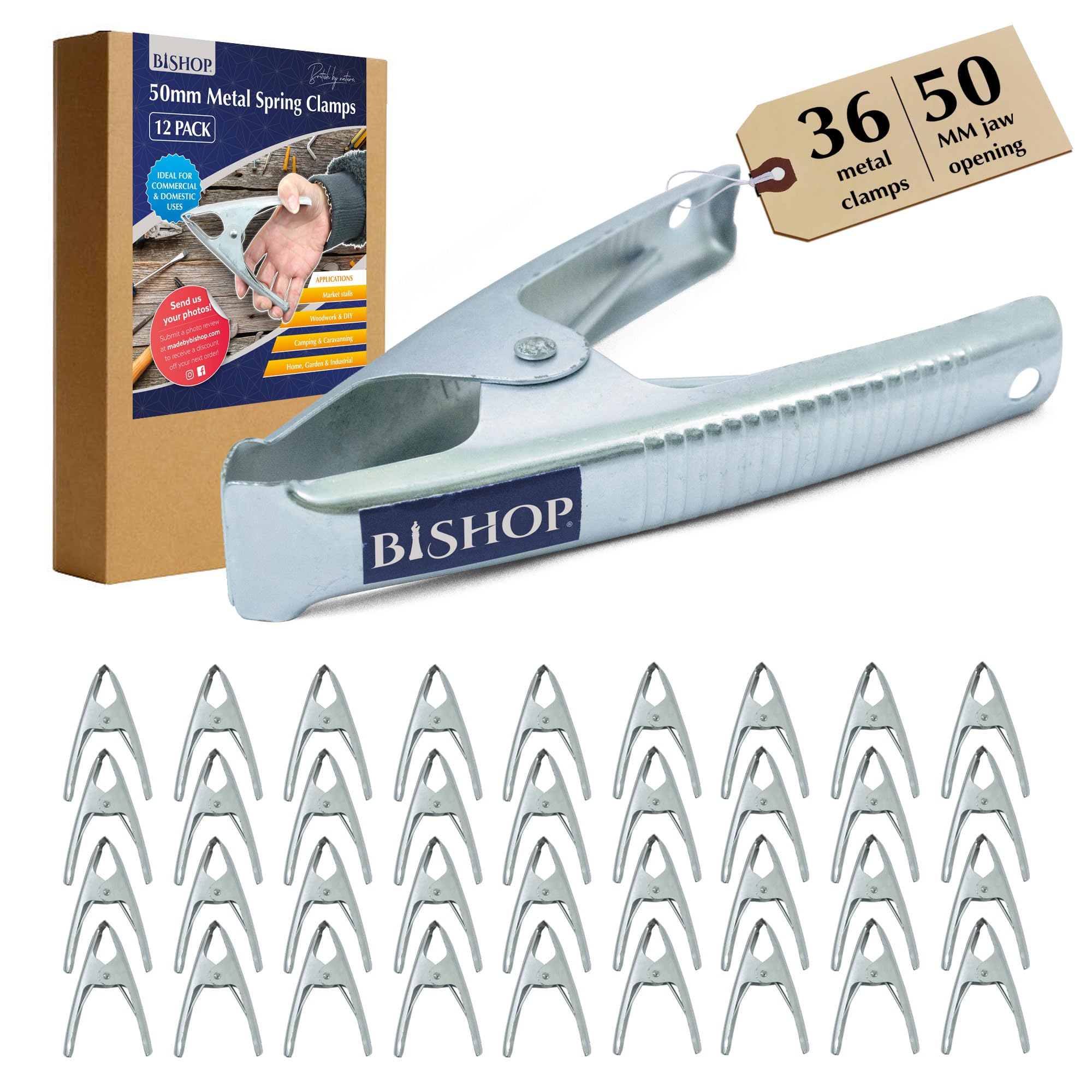 Bishop Silver Commercial Grade Metal Spring Clamps For Woodwork - Rust Proof Market Stall Tarp Clips Clamps 50Mm Jaw Capacity - Metal Clips All Steel Construction 160Mm Length - Triple Coil Spring Clips (Qty: 36)