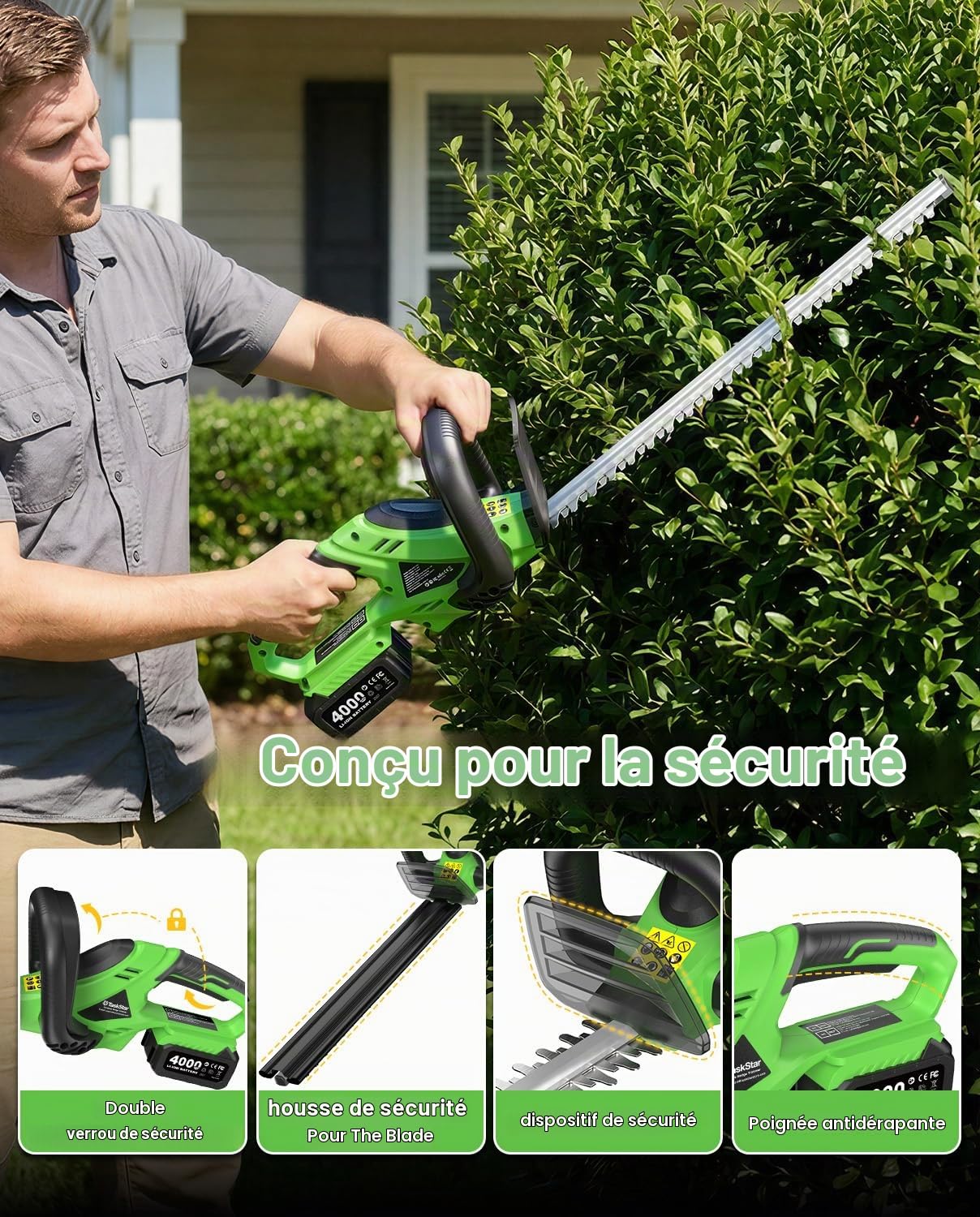 TaskStar Taille Haie Batterie: Taille Haies Électrique avec Lame Double De 56 cm, 2×4,0 Ah Batteries, Puissance De 600 W, Puissant pour La Taille De Haies Et D’arbustes