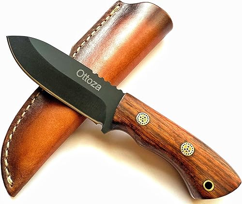 Ottoza Cuchillo de caza pequeño de acero al carbono 1075 y mango de madera de nogal, cuchillo pequeño, cuchillo de supervivencia, cuchillo de