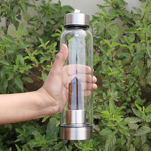 Miniatura 2 de GEMHUB Botella de agua de cristal de cristal con centro de piedras preciosas, cristal natural, curativo, varita de cuarzo ahumado..