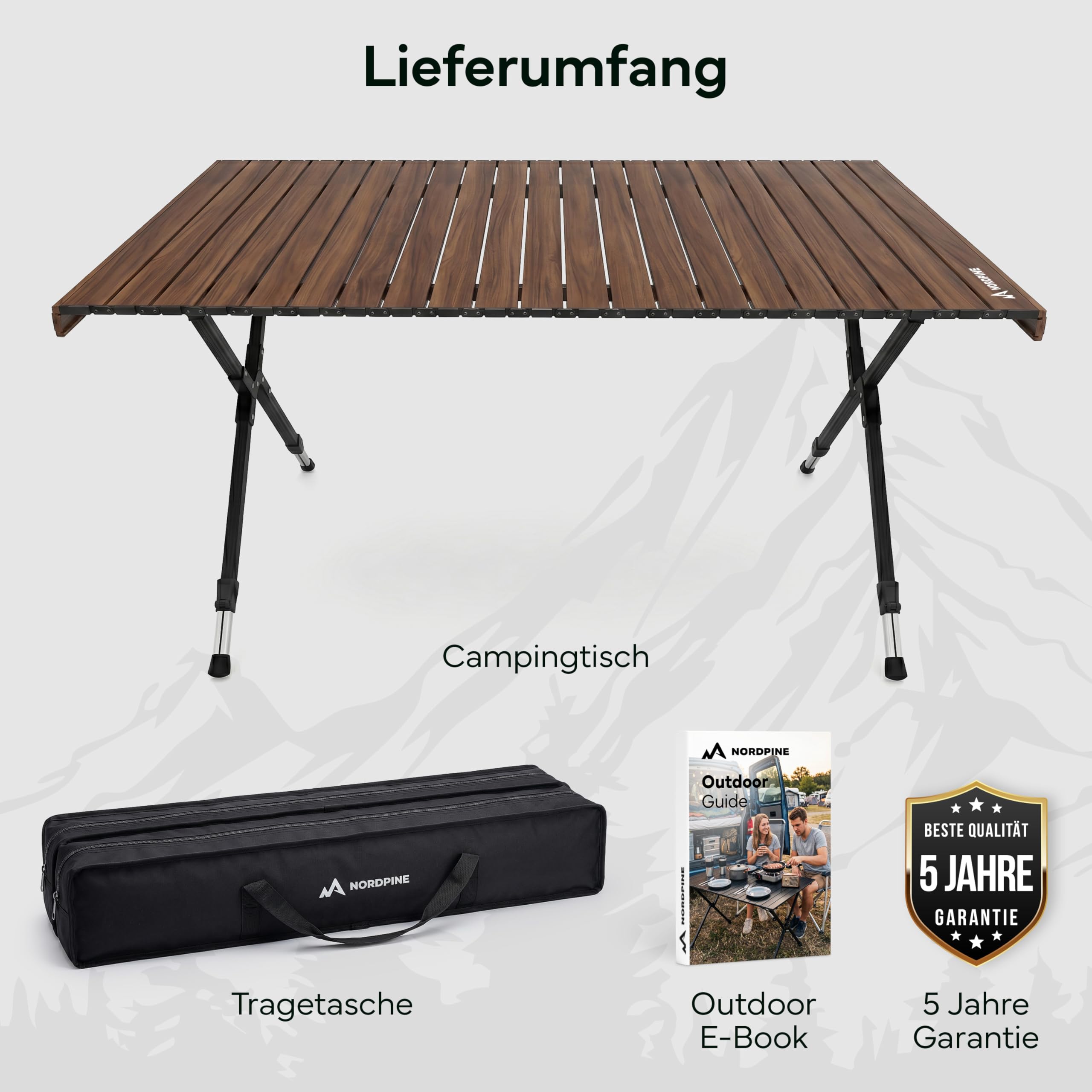 NORDPINE Campingtisch klappbar höhenverstellbar 45-68 cm – Faltbarer Outdoor Tisch & Picknicktisch aus Aluminium mit kleinem Packmaß – Wetterfester Gartentisch Klapptisch Camping mit Tragetasche