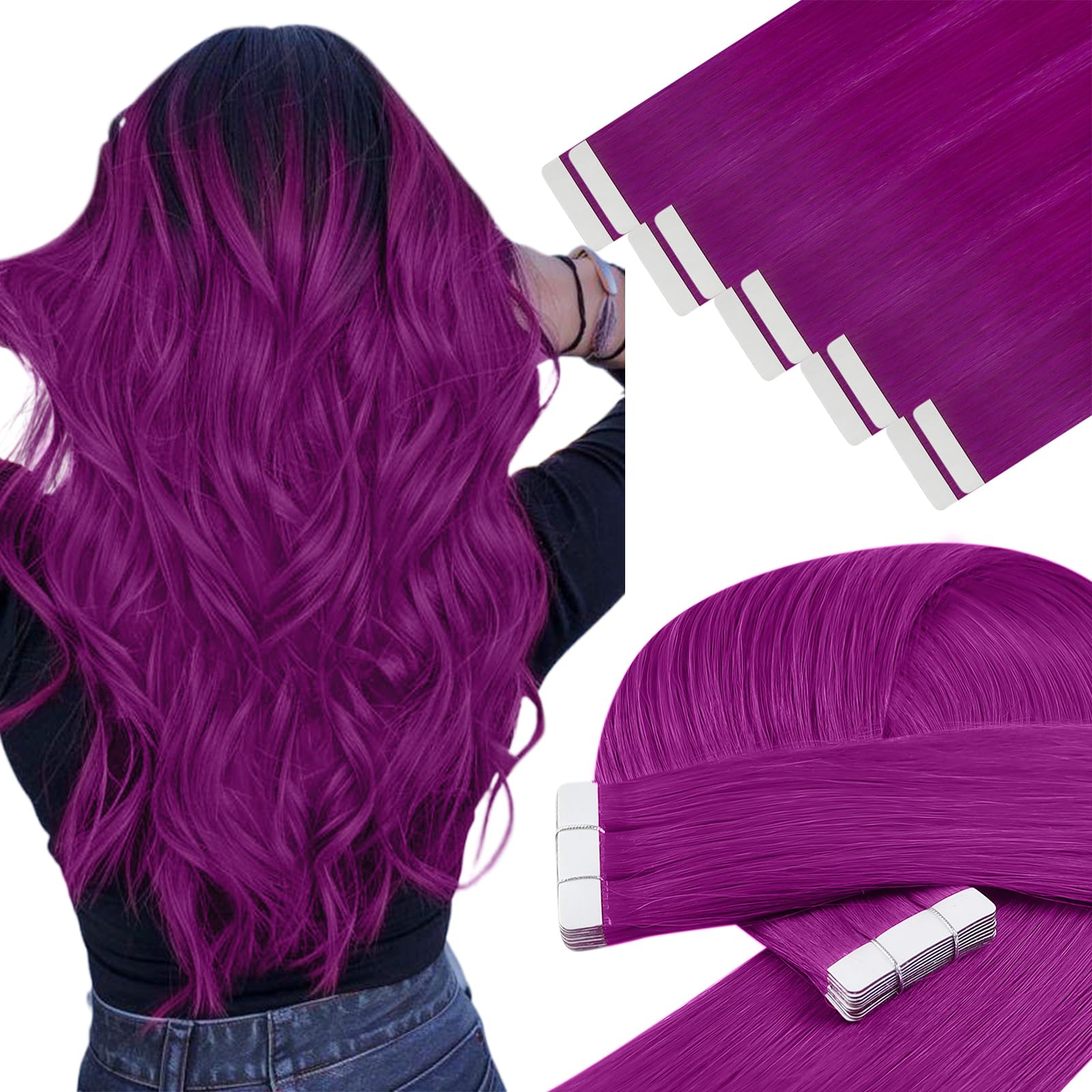 YoungSee 25g Tape Extensions Echthaar Violett Echthaar Extensions Tape Farbig Tape-in Haarverlangerung Remy Haarextension Tape-in 55cm Glatt #Violett