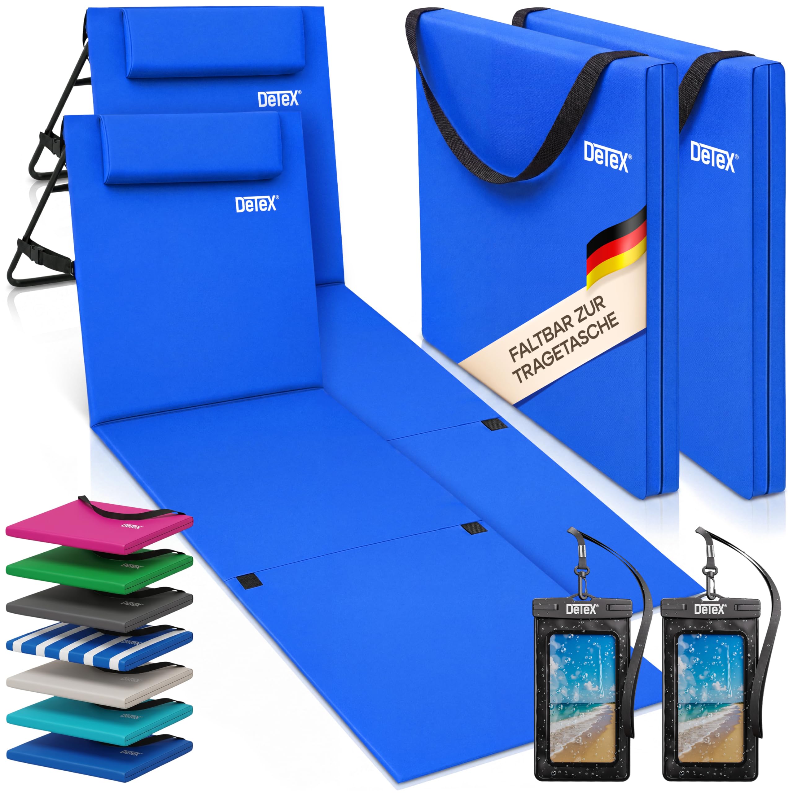 DETEX® 2er Set Strandliege Faltbar Leicht Strandmatte Gepolstert mit Rückenlehne Kissen Handyhülle Sonnenliege Klappbar 2 Personen Liegestuhl Blau
