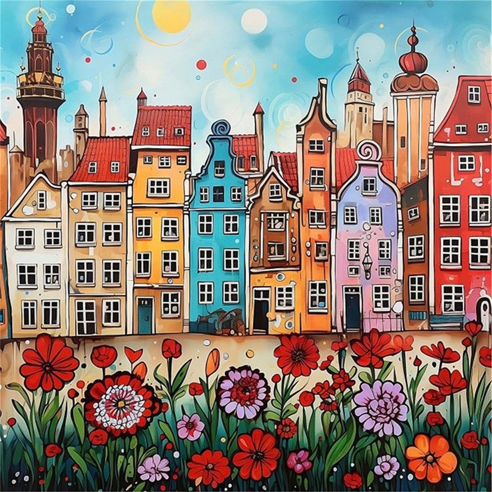 Colorful House B Cross Stitch Kits Stamped, Colorful House Printed Cross Stitch Kit 40X40cm Diy 14Ct Embroidery Craft Set Decor Diy Art Embroidery Kits Needlework Crafts House Decor