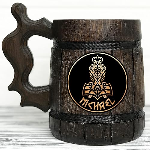 Miniatura 3 de Nordic Beer Mug Viking Mjolnir Thor Hammer Valknut 17oz Wooden Beer Stein Personalized Christmas Gifts Anniversary Gift for Husband, For Dad