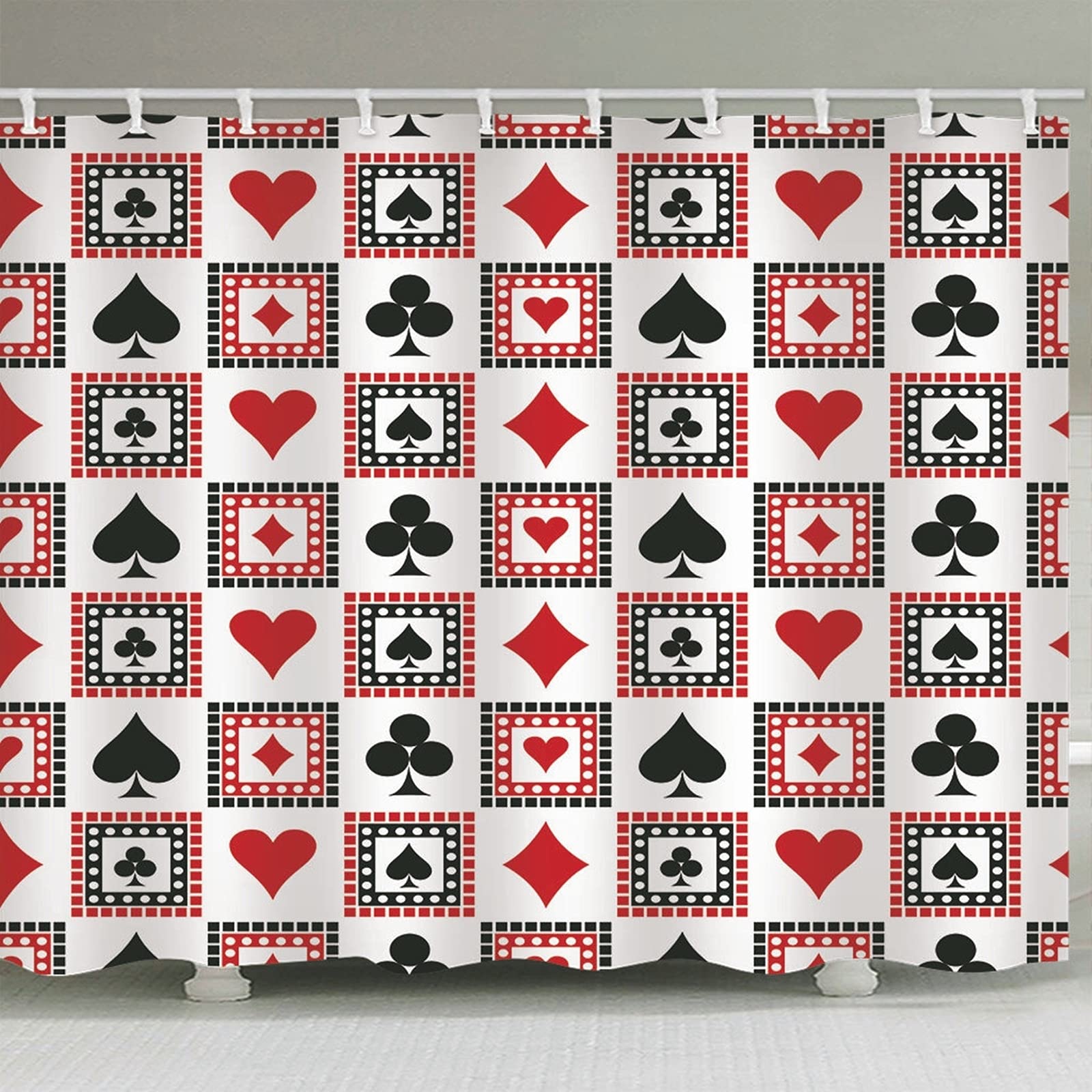 Zasłonki prysznicowe z oczkami do łazienki, klub szpadeli serce diament nadruk 3D zasłona prysznicowa z haczykami, poliester, 180 x 200 cm, biała