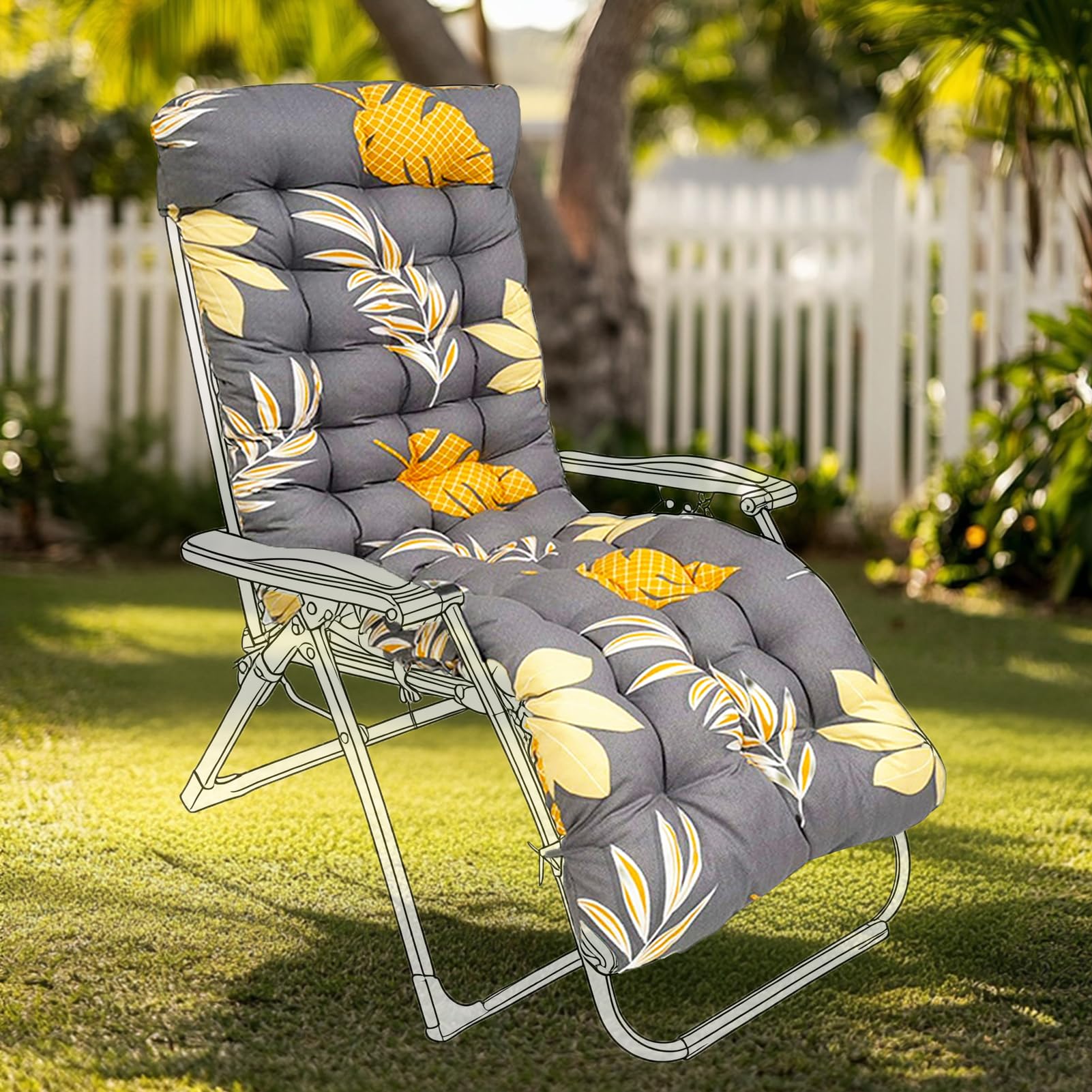 GOZYLA High Back Sun Lounger Replacement Cushion: 170x53 cm Padded Soft Non Slip Ties Outdoor Indoor Use for Reclining Garden Chair Patio Beach Porch Furniture