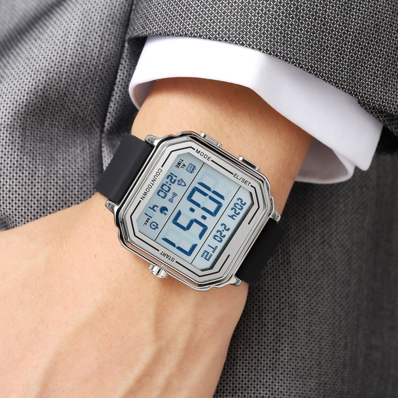 findtime Orologio digitale quadrato digitale orologio sportivo sportivo outdoor uomo donna grandi numeri numeri 3 ATM impermeabile unisex doppio tempo / cronometro / allarme / 12-24H nero oro