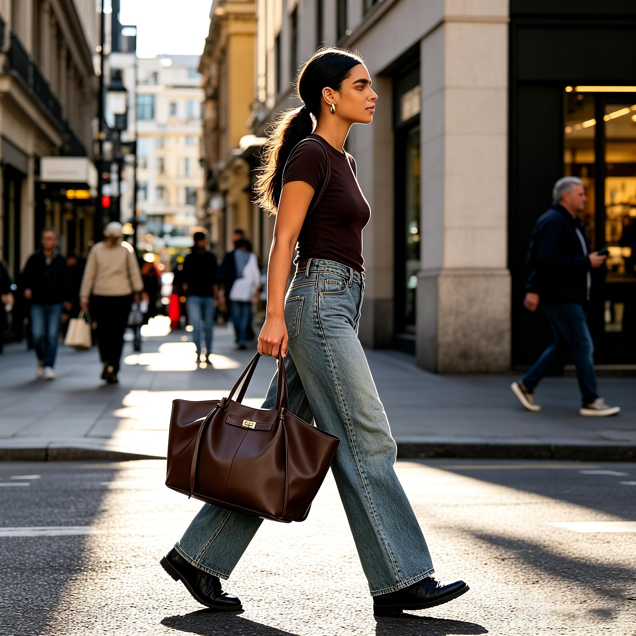 Tote Bag Damen Groß, Shopper Tasche mit Abnehmbarem Schultergurt, Braune Handtasche Vintage, Ledertaschen für Arbeit, Schule, Uni, Reisen und Einkauf