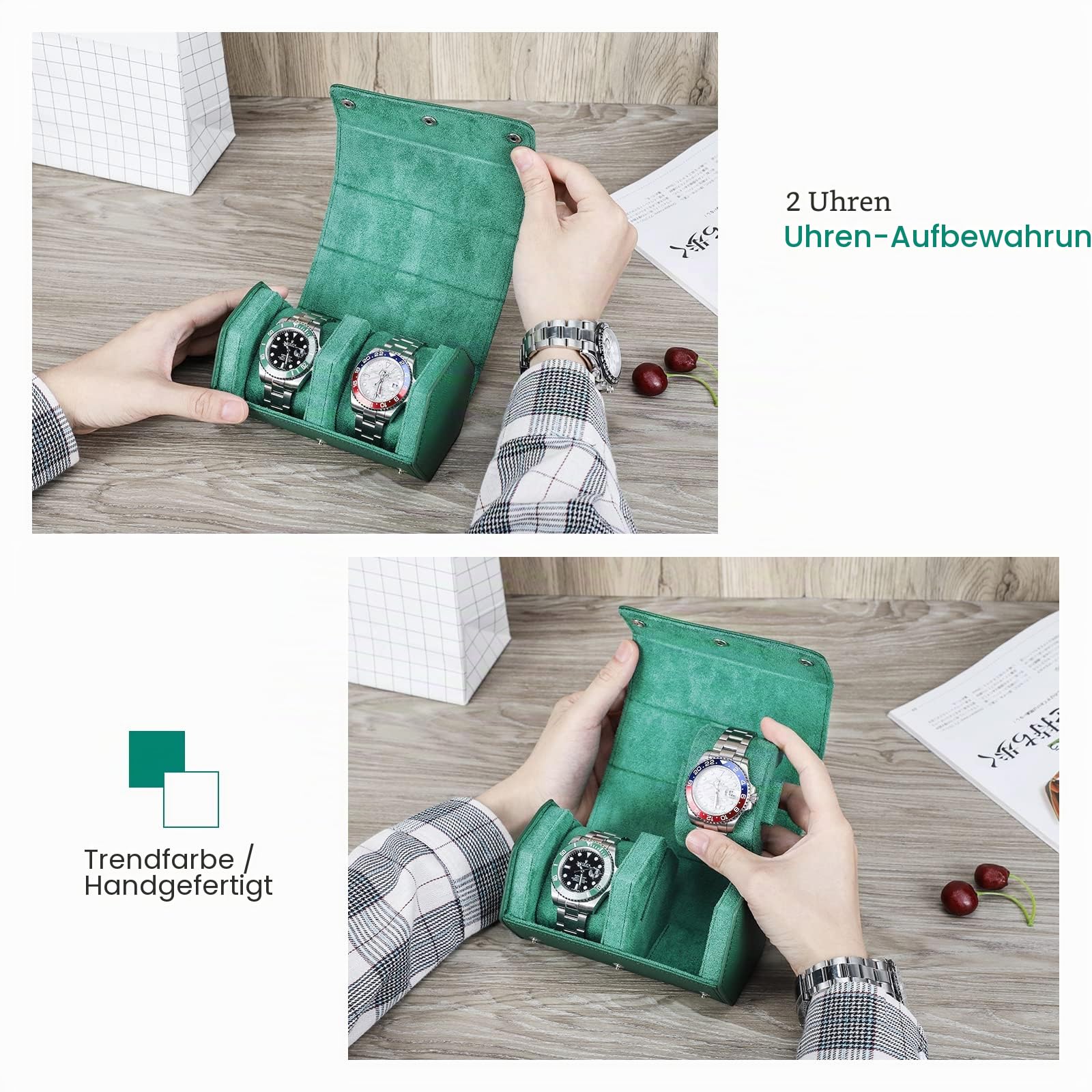 Hiram Uhren-Reiseetui, echtes Leder, sechseckig, 2 Uhrenrollen, Aufbewahrungsbox, schützender Organizer für Armbanduhren (grün)