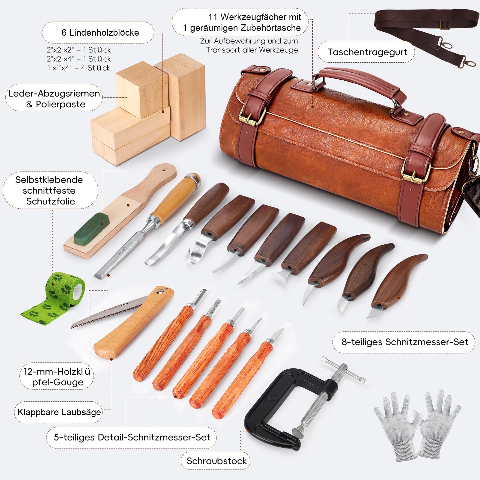 Holzschnitzwerkzeuge，27-teiliges Holzschnitzmesser-Set，Holzschnitzmesser-Werkzeugset für Anfänger mit PU-Ledertasche, feines Holzschnitzset für Heimwerker-Bildhauer und Holzbearbeitungsexperten