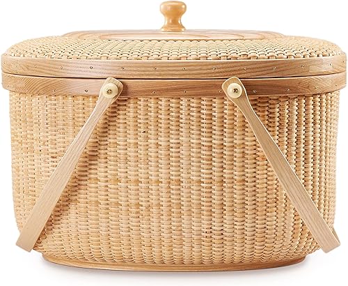 Teng Jin Nantucket - Cesta de costura, contenedores con asas de madera dobles. Tejido de caña sobre caña