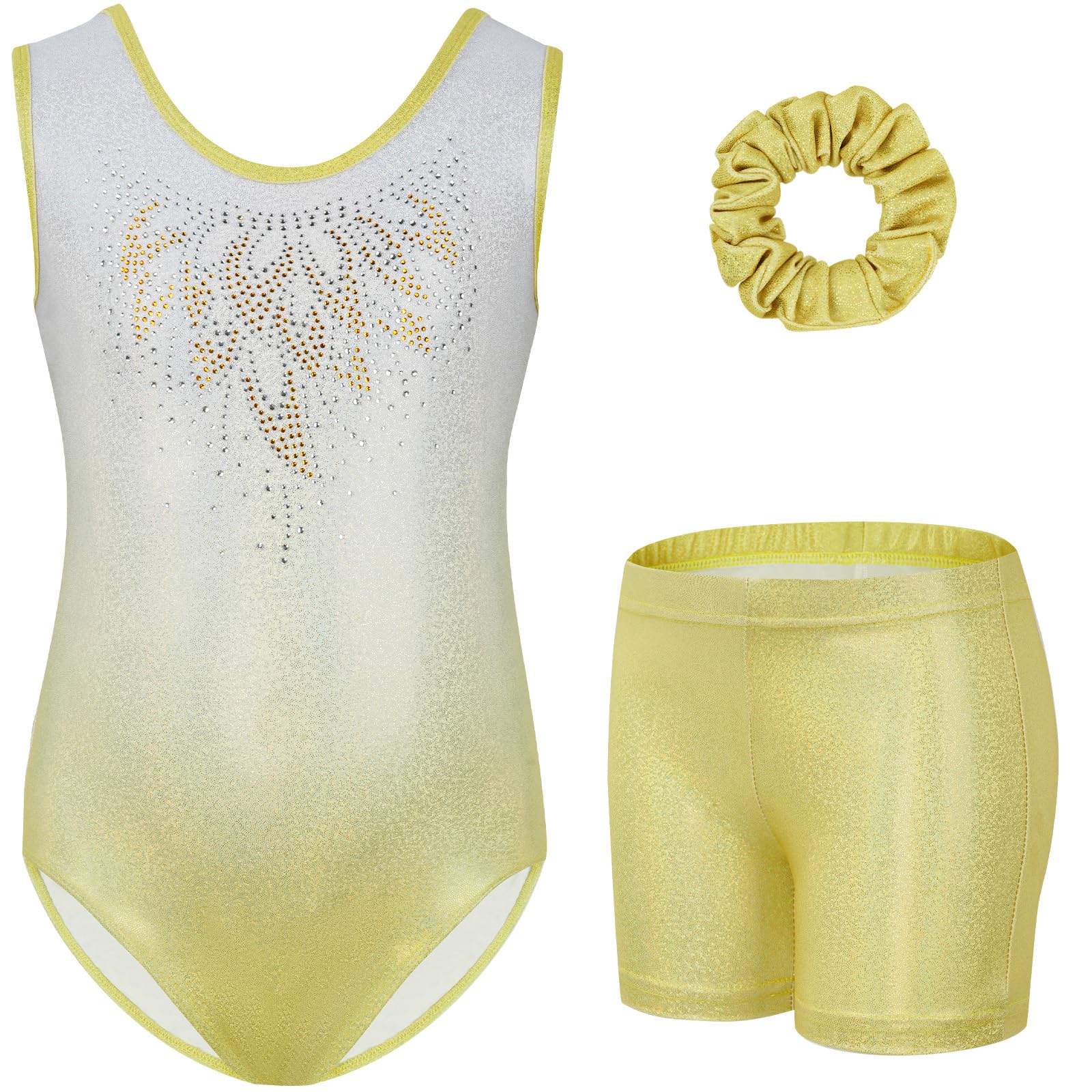 Gogokids Conjunto de gimnasia de tres piezas para niña, cuello en Y, sin mangas, con pantalones cortos y diadema, traje de gimnasia con diseño de bloques de color azul y morado, 3-12 años — view 28