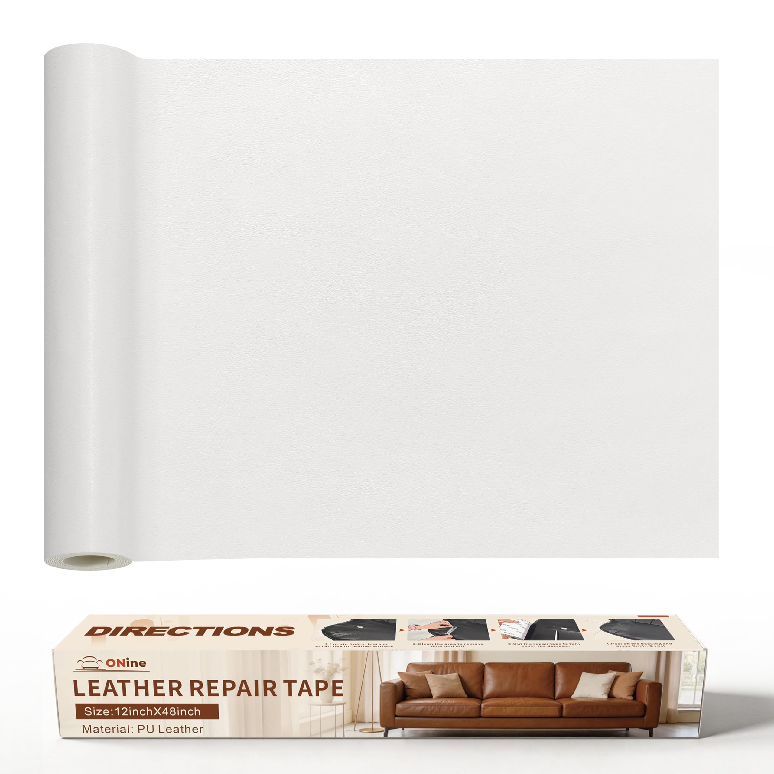 ONine Leather Repair Patch，Leather Repair Tape, 12 x 48 inches Leather Repair Patch for Furniture,Vinyl Repair Kit，Leather Couch Patch，for Sofas, Furniture, Car Seats, Office Chairs(White)