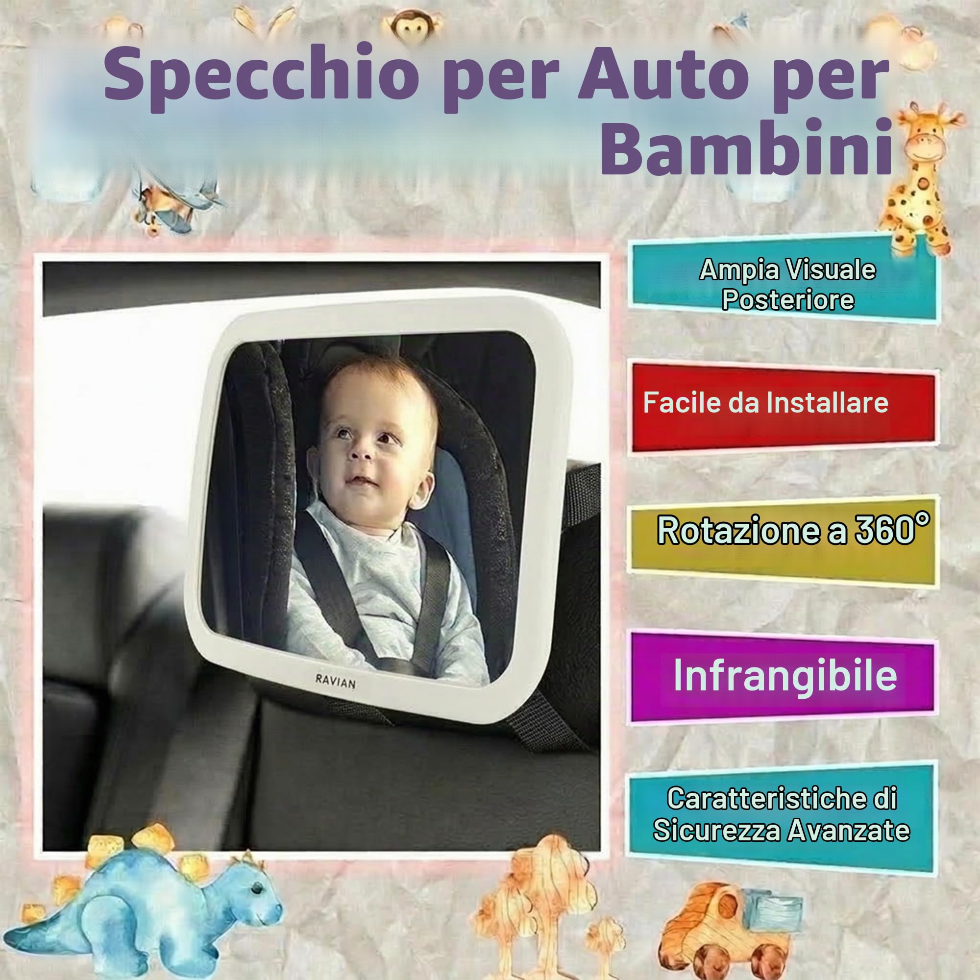 Specchio per auto per bambini per sedile posteriore, essenziali più sicuri per neonati con vista posteriore, infrangibile, regolabile per vedere rivolto all'indietro per neonati, bambini e animali