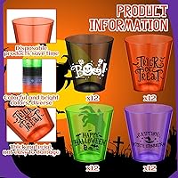Vista 2 de Sunnyray 48 vasos de chupito de plástico para Halloween a granel de 2 onzas de plástico duro transparente, vasos desechables coloridos de sabor