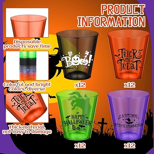 Miniatura 2 de Sunnyray Vasos de chupito de plástico para Halloween a granel de 2 onzas, vasos desechables de plástico duro transparente y coloridos vasos de