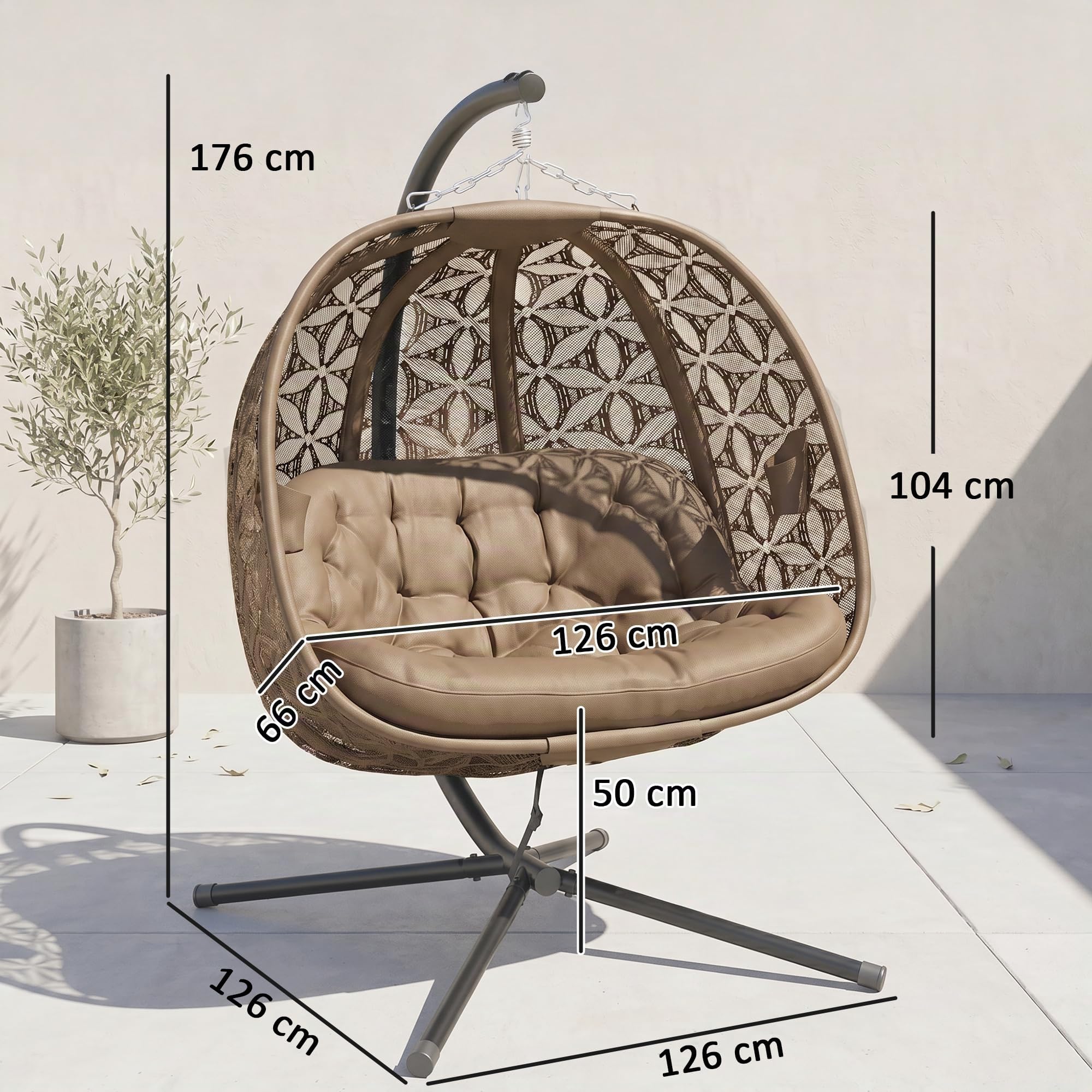 Outsunny Poltrona sospesa con telaio per 2 persone, pieghevole, con cuscino spesso, porta bevande, cintura di sicurezza, XXL, a forma di uovo, fino a 240 kg, per interni ed esterni, giardino, sabbia
