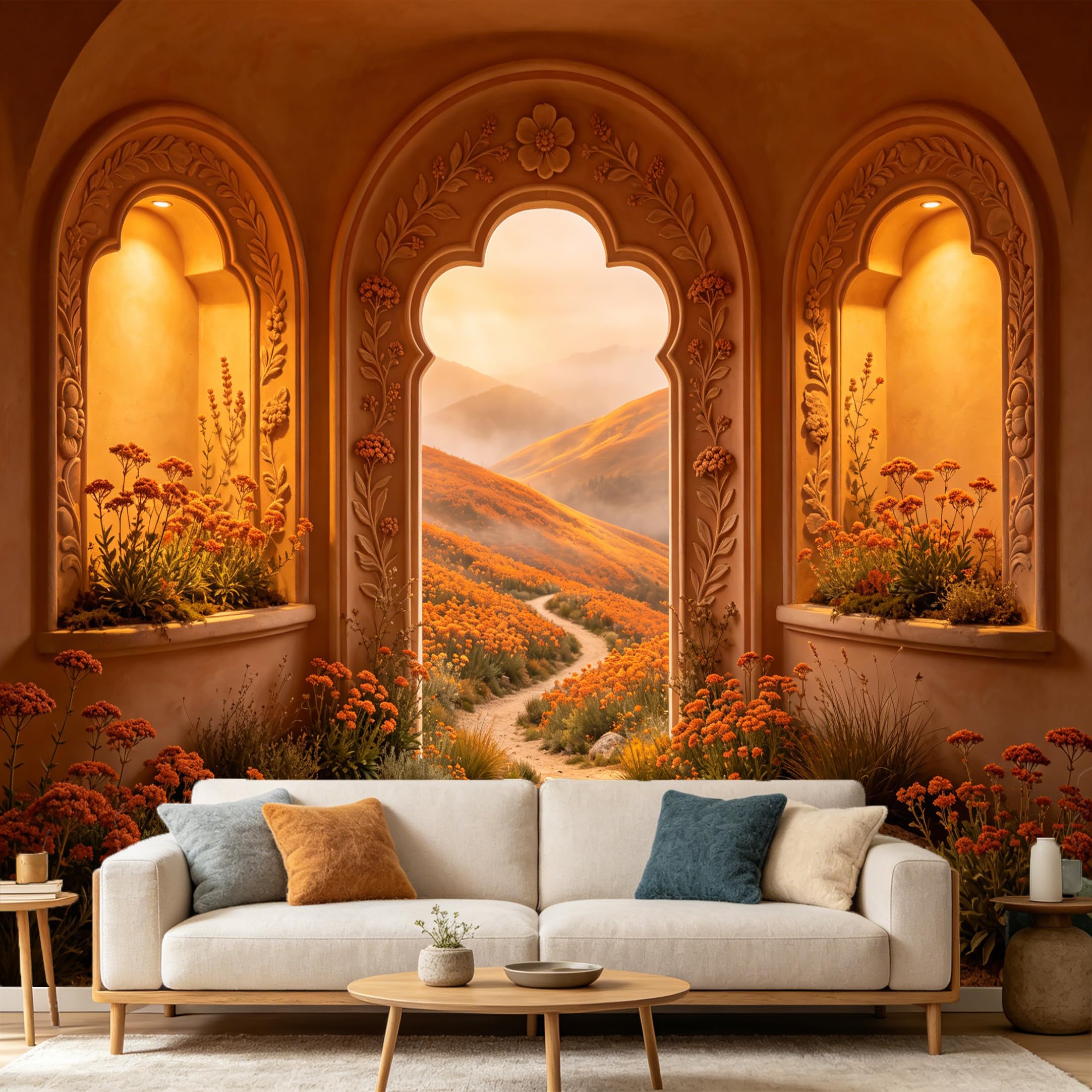 Custom Size Wall Mural， Mediterranean Archway Sunset Mountain Path， 3D Trompe L'Oeil Landscape， SelfAdhesive Art Prints wall Fabric Removable Large Wallpaper Home Living Room Decor
