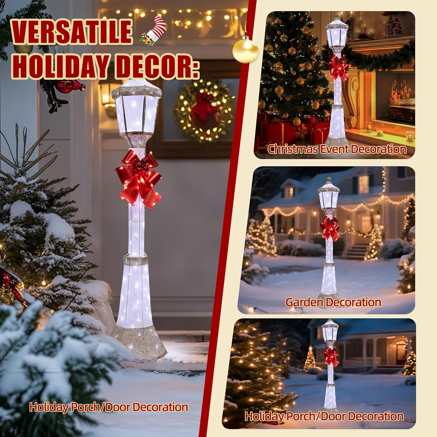 60-Inch Outdoor Christmas Decorations Outdoor Lighted Lamp Post 3D Lamppost LED Lighted Post Christmas Decoration with 128 LED Lights & Bow Holiday Decorations for Yard, Porch, Patio