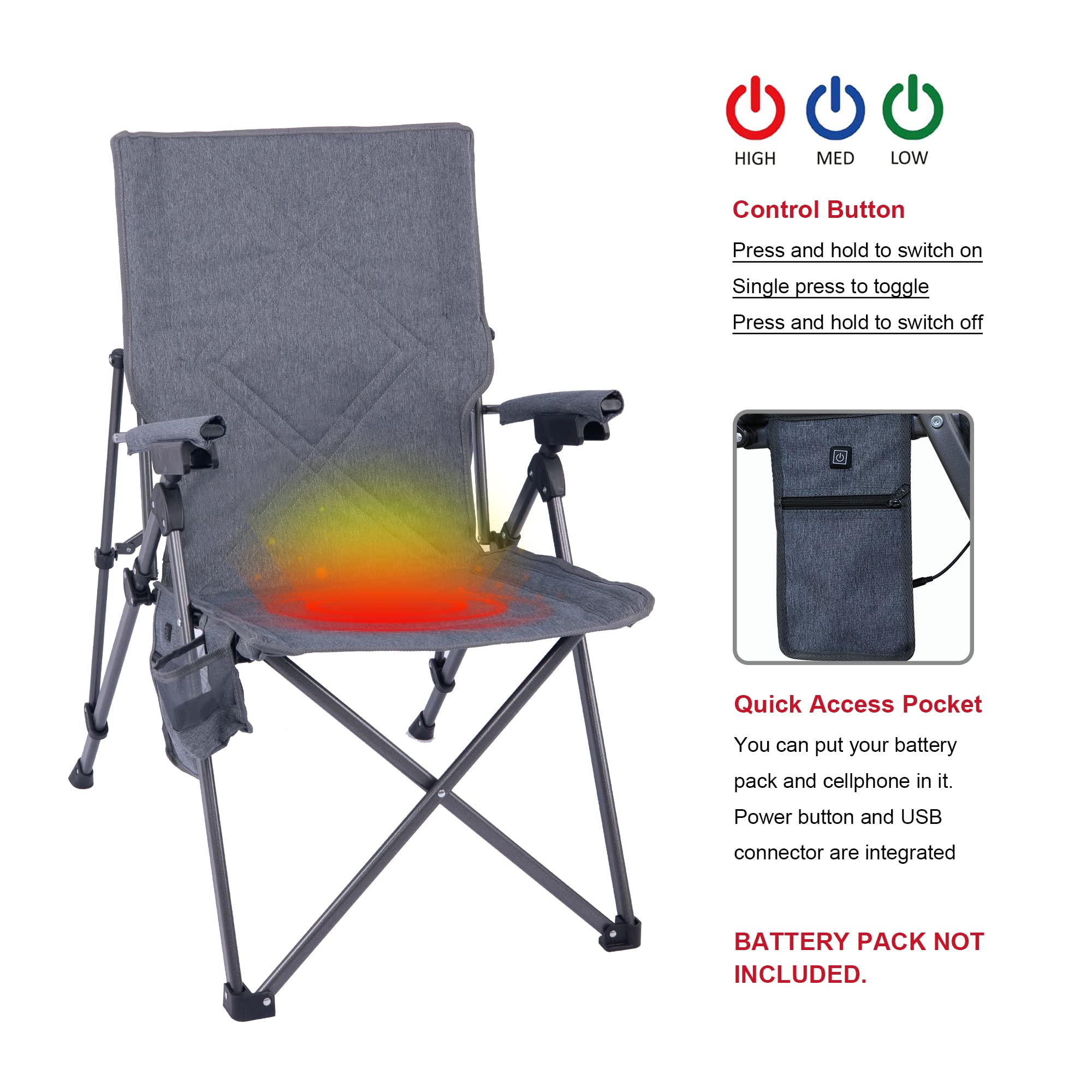 SUNNYFEEL Heated Camping Chair, Adjustable 3 Position Folding Camp Chairs Heavy Duty Adults 300 LBS for Adults Lounge with Cup Holder, Camp Reclining Chair for Lawn Patio Outdoor Porch
