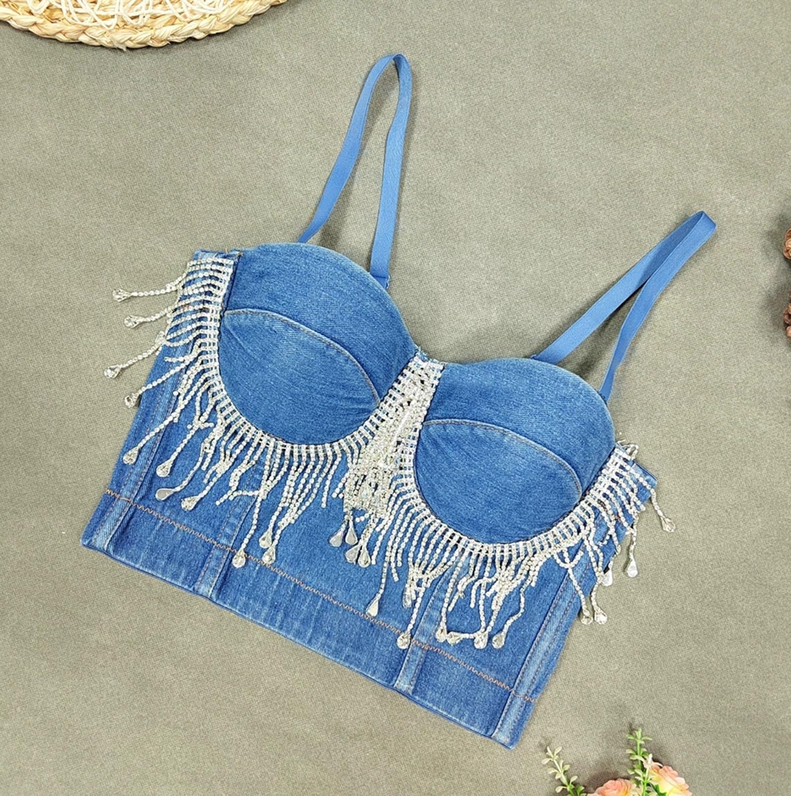 Corsetti Sexy da Donna con Perline, Strass Luccicanti e Nappine, Canotta per Rave Party e Abbigliamento da Discoteca