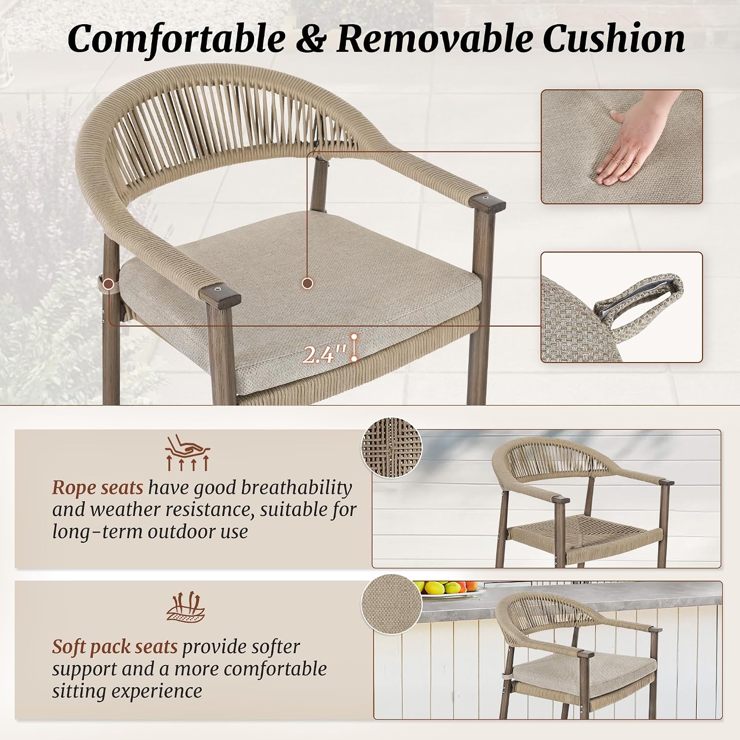 Image detailing the removable cushion, showing its 2.4-inch thickness and how it attaches, along with descriptions of rope seats and soft pack seats.