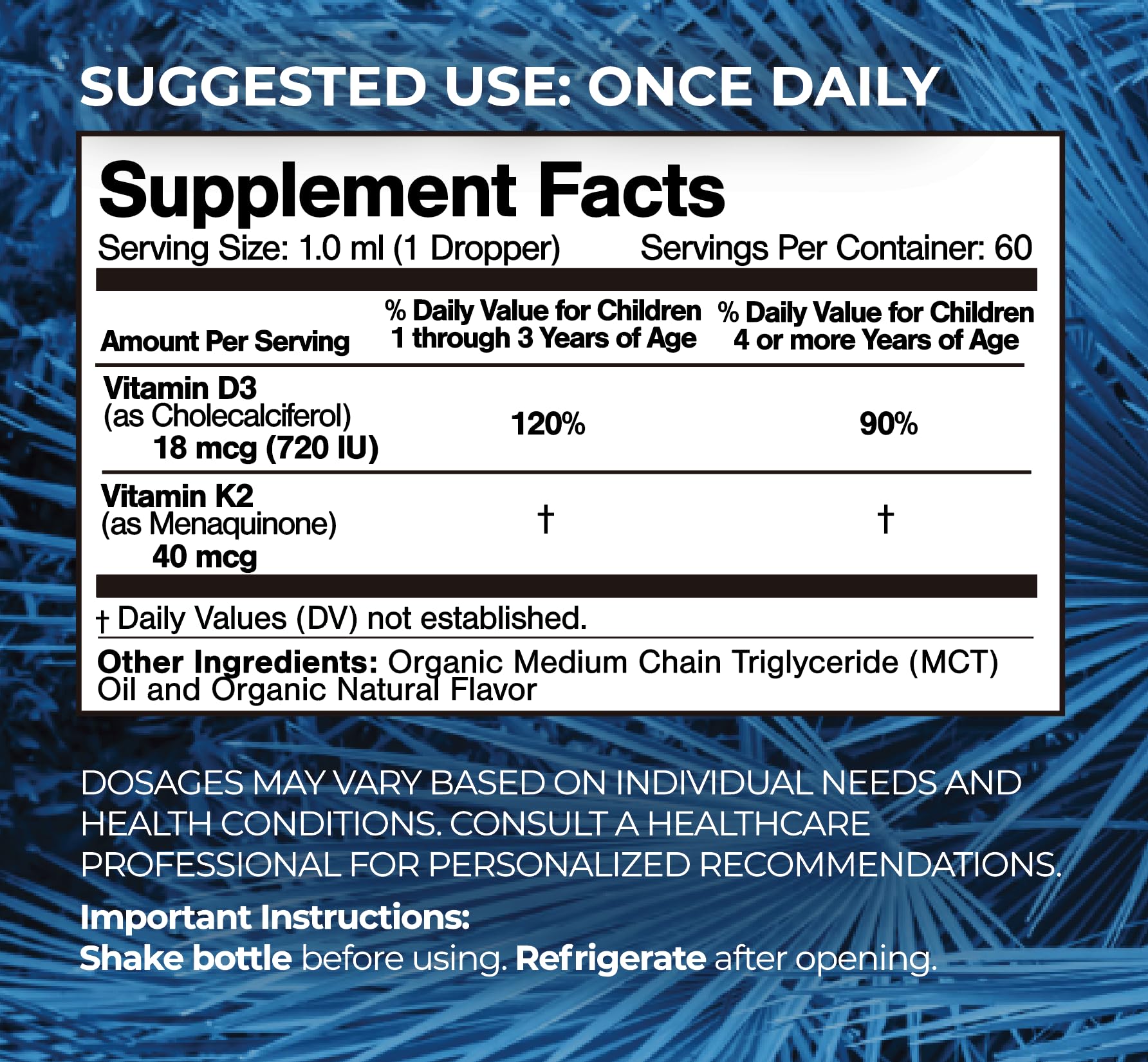 Tropical Oasis USDA Organic Vitamin D3 K2 Liquid Drops | Vitamin D3 K2 Supplement for Kids & Toddlers Ages 1+ | Kids Supplement for Calcium Absorption Strong Bones | Vegan, Non-GMO | 2 Fl Oz — Amazon image 2