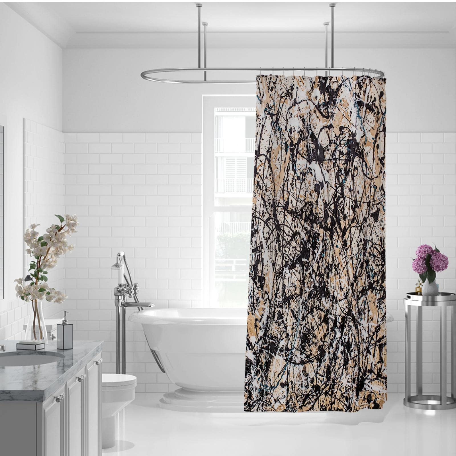 Jackson Pollock Juego de Cortinas de Ducha con Ganchos Abstract Splash Cortinas de Ducha Quick Dry Waterproof Washable Black Bathroom Curtain W150xL200cm