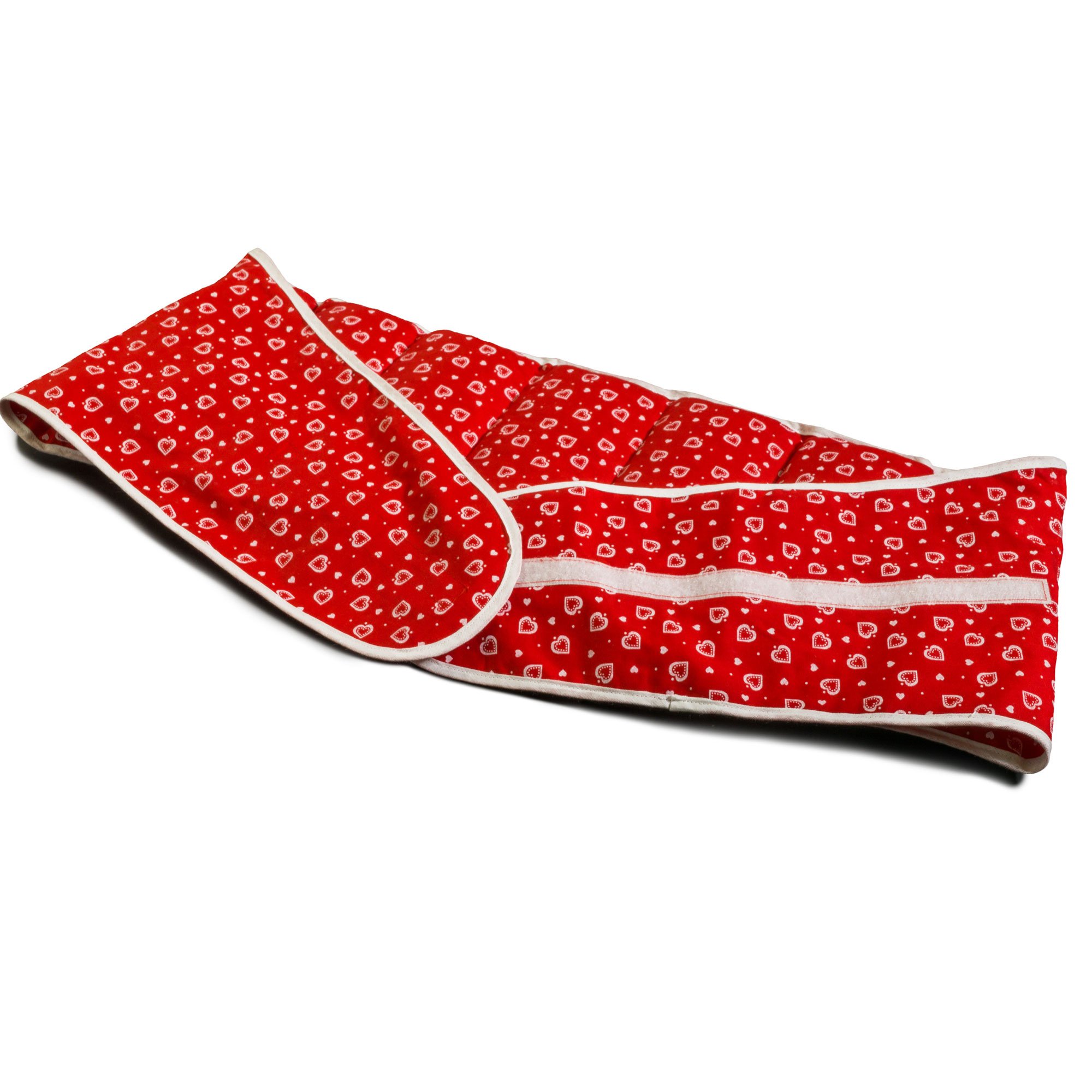 Coussin-ceinture, 135cm, aux noyaux de cerises à sept compartiments avec fermeture à bande auto-agrippante - Ceinture-bouillotte - Coussin thermique aux graines XXL, Rouge avec des coeurs