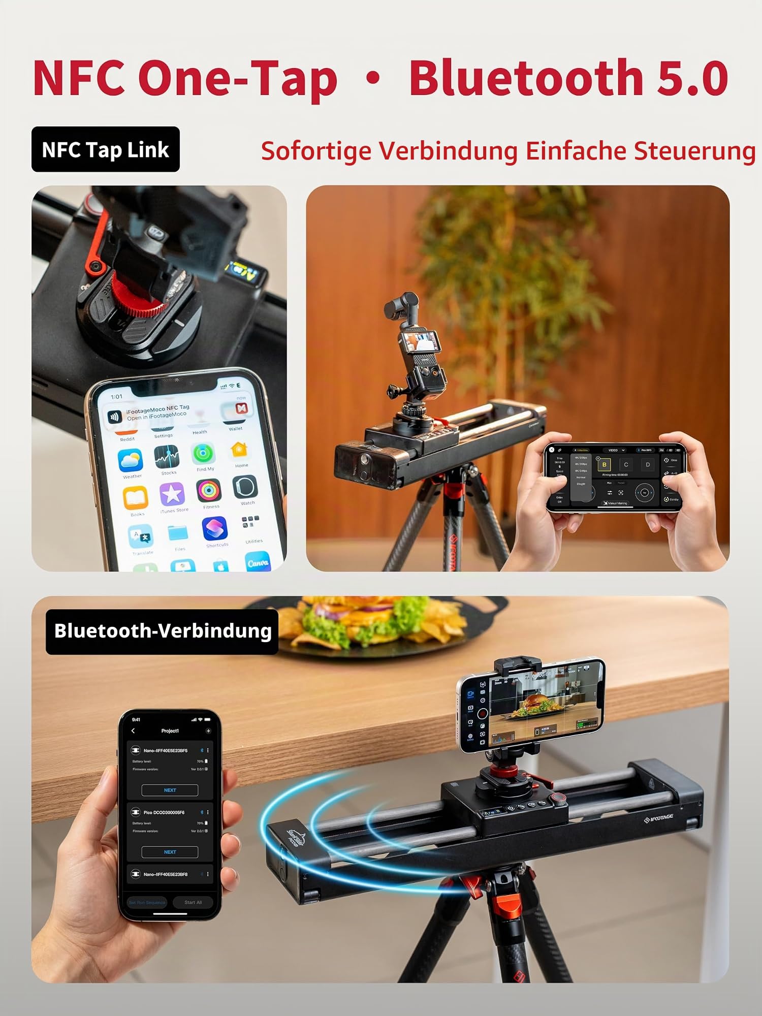 IFOOTAGE Pico Motorisierter Kameraschlitten, 2-Achs-Schlitten mit 360°-Drehung, NFC, APP-Steuerung, Zeitraffer, Stop-Motion, Kompatibel mit DJI Pocket 3/Action 5/6, für Vlog,Videoaufnahme