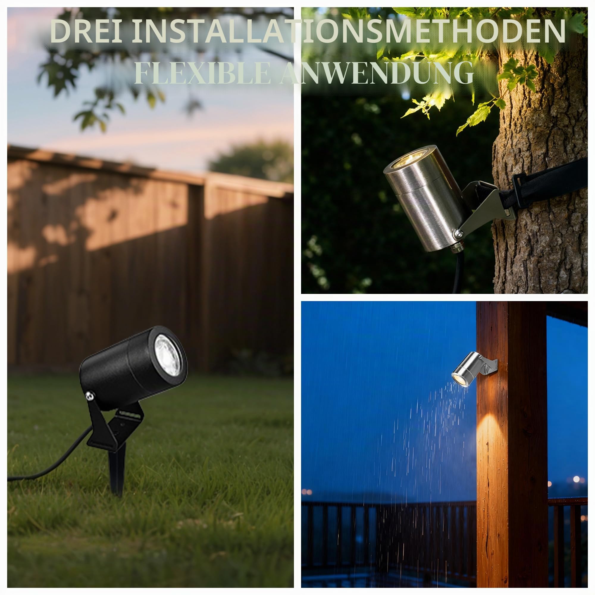 JNR Edelstahl LED Gartenbeleuchtung mit Strom und Erdspieß (4, Silber) | IP65 Wasserdicht Gartenlampen für Draußen Strom mit 2M Kabel mit Stecker, Gartenleuchten 5W GU10 3000K Warmweiß Glühbirne