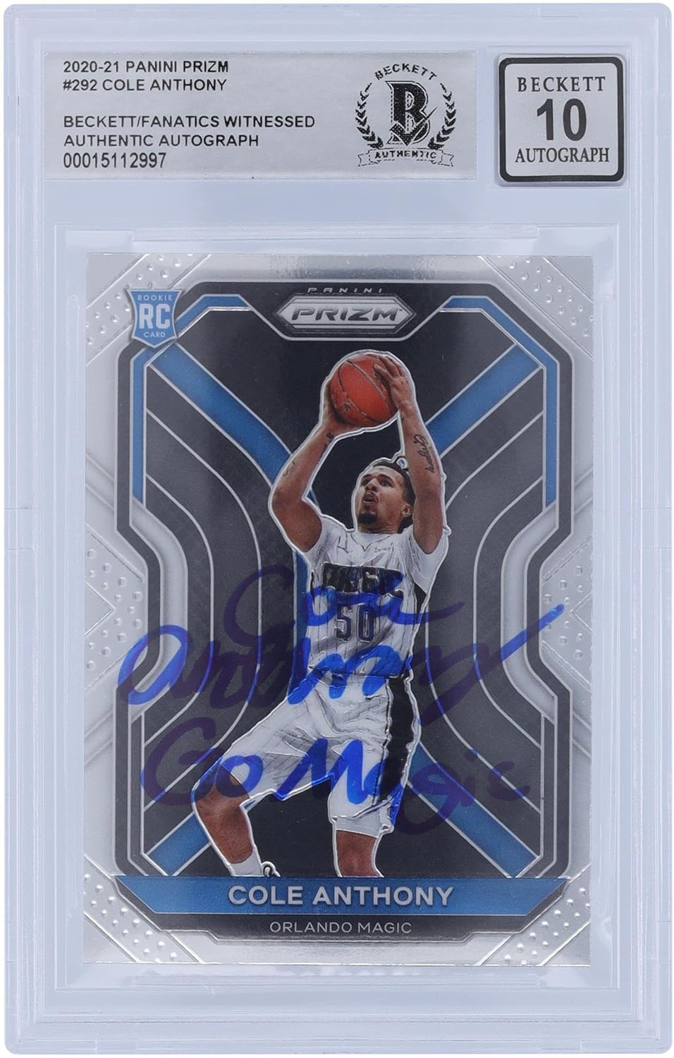 Cole Anthony Orlando Magic Autographed 2020-21 Panini Prizm #292 Beckett Fanatics Witnessed Authenticated 10 Rookie Card with "Go Magic" Inscription - Basketball Slabbed Autographed Rookie Cards