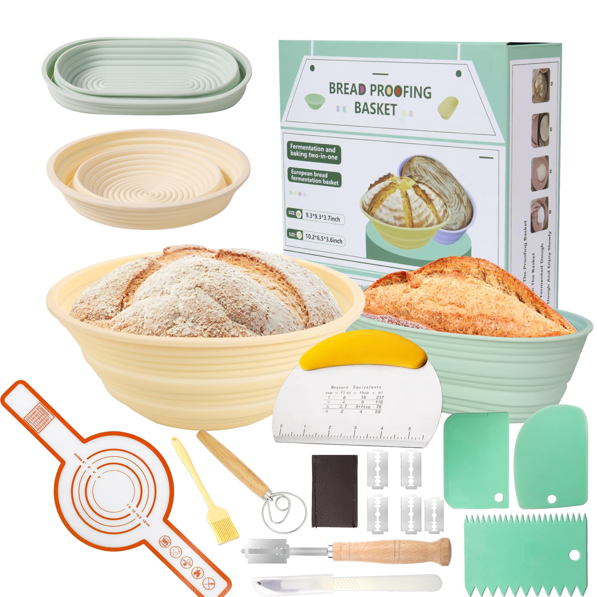 Silicone Bread Proofing Baskets 2 Foldable Proofing Bread Bowls, Complete Sourdough Starter Kit with Essential Bread Baking Supplies Tools for bakers (9" Round & 10" Oval)