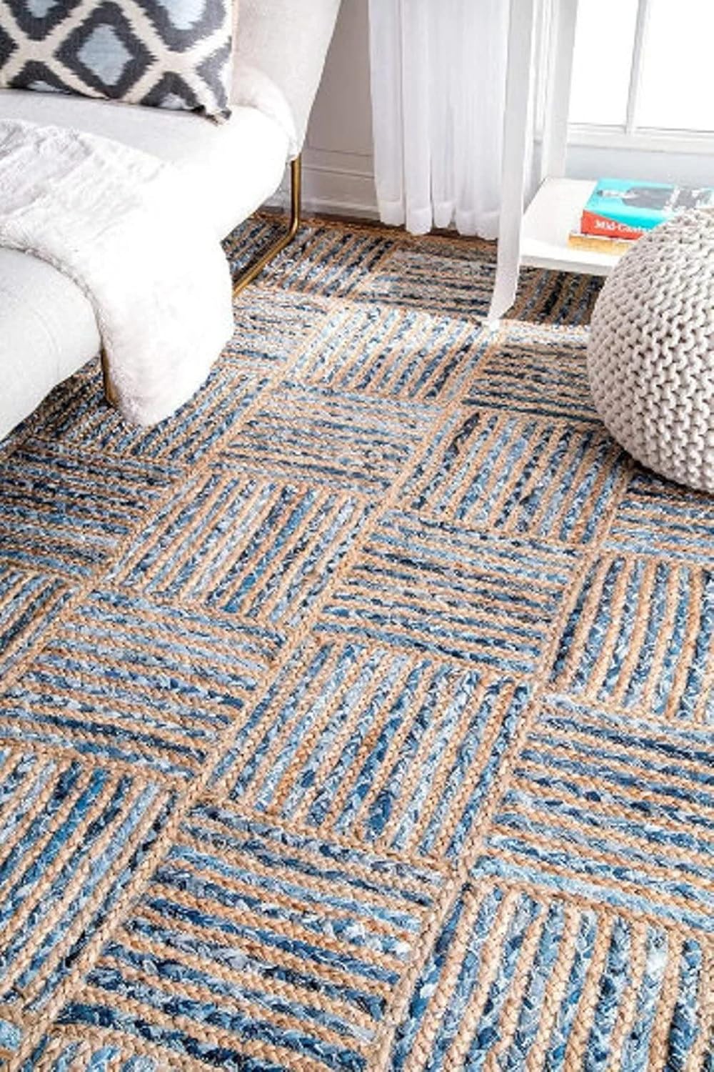 Rangneel Fabrics® Denim Square Design Jute Hand Braided