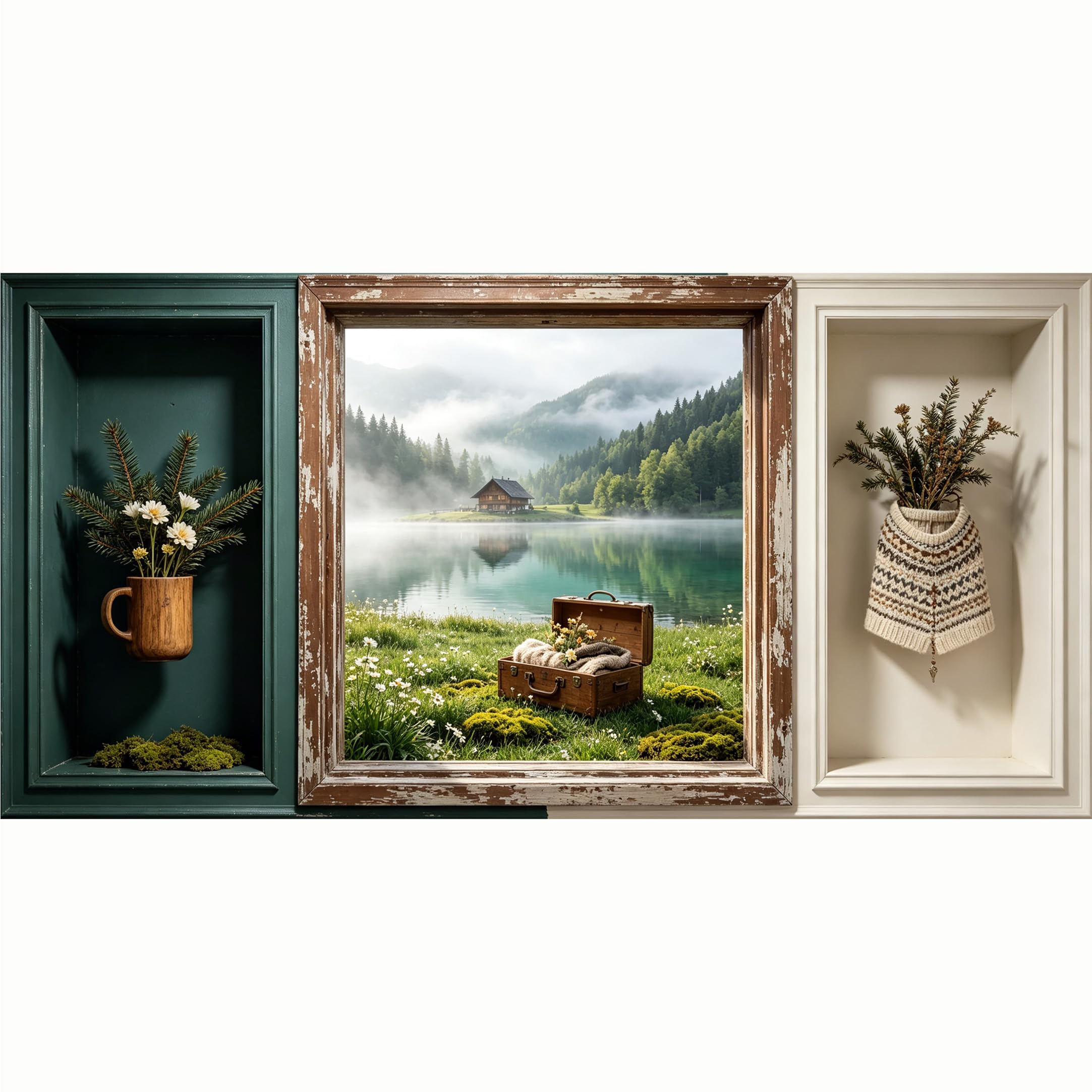 QZLITHOTIC 50x100cm 3D Framed Wall Art， Misty Lake Mountain Cabin Landscape Vintage Suitcase Self‑Adhesive Mural， Water‑Activated Peel & Stick Fabric Decor Wall Decal for Bedroom Living Room