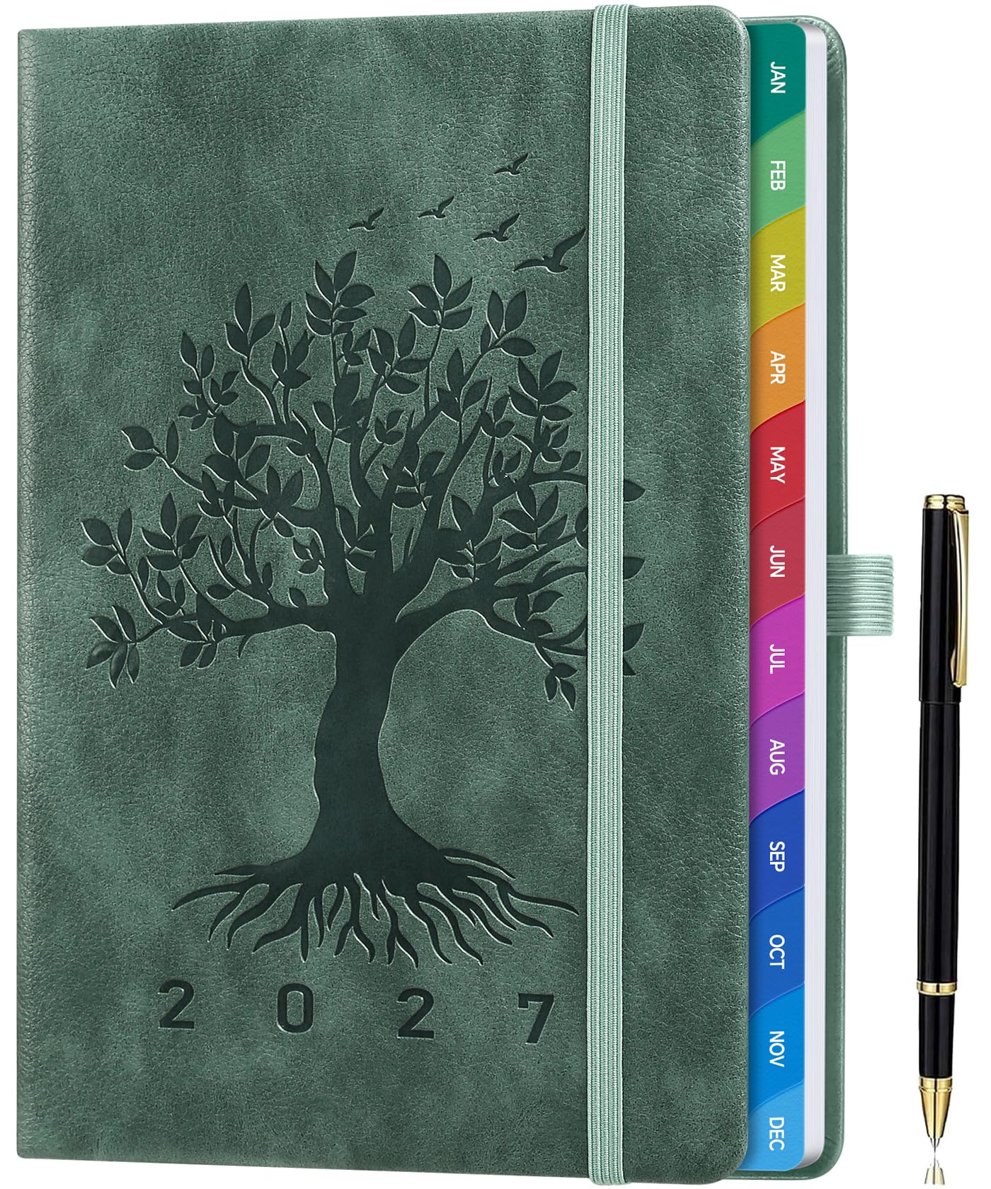 ZXHQ Diary 2027 Week to View A5, Jan to Dec, Weekly & Monthly Full Year Planner, UK Holidays, Colourful Monthly Tabs, Fine Inner Pocket, Hardcover, Pen Set, 5.9" × 8.5" - Sage Green