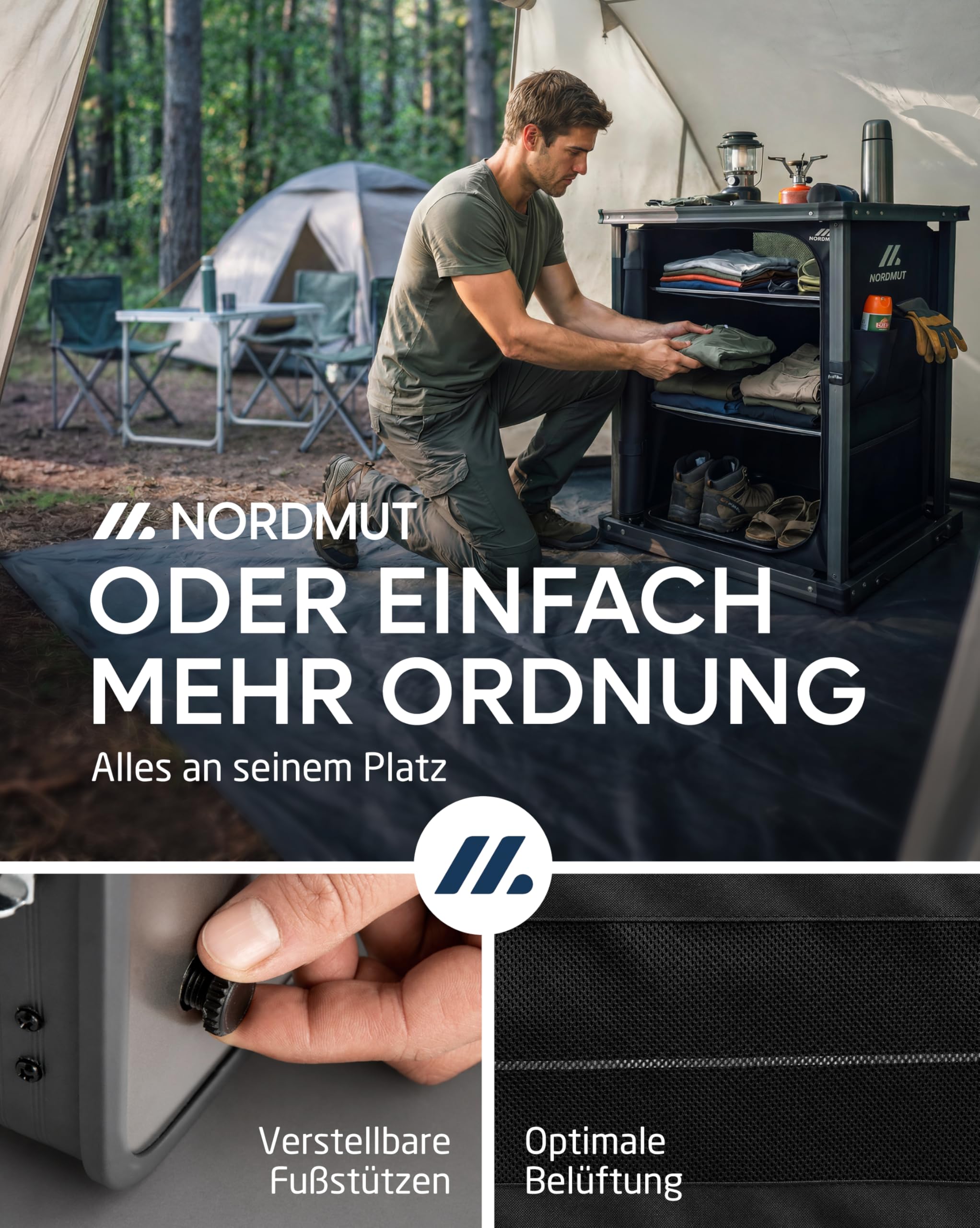 NORDMUT® Campingschrank faltbar – stabile Campingküche mit geräumigen Innenleben – leichtes Camping Regal klappbar für einfachen Transport