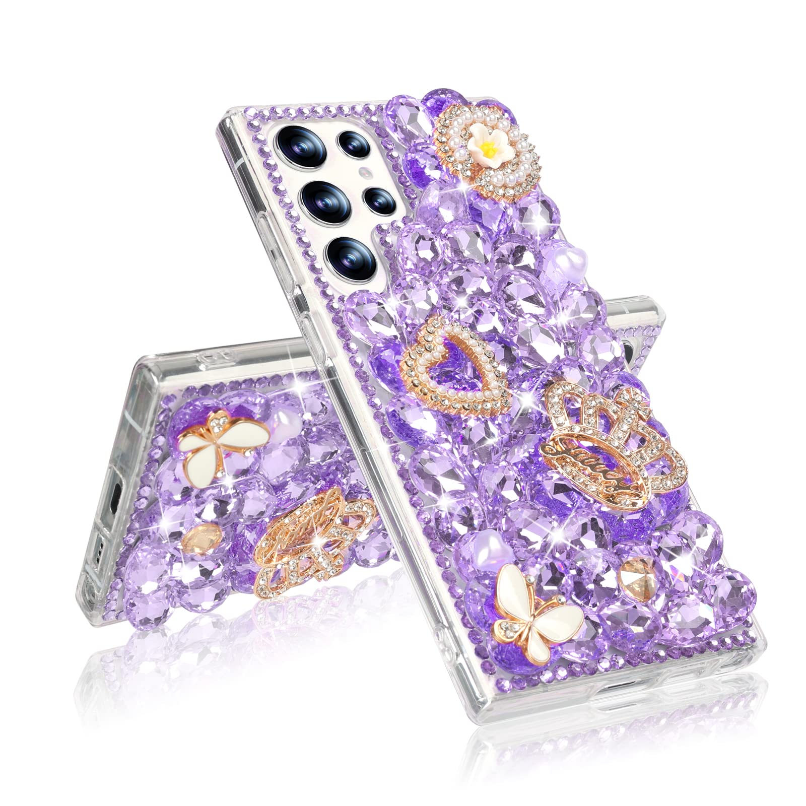 Losin for Galaxy S23 Ultra Bling Case Women Girls Luxury 3D Glitter Diamond Sparkle Crystal Rhinestone Phone Case Cute 3D Heart Crown Flower and