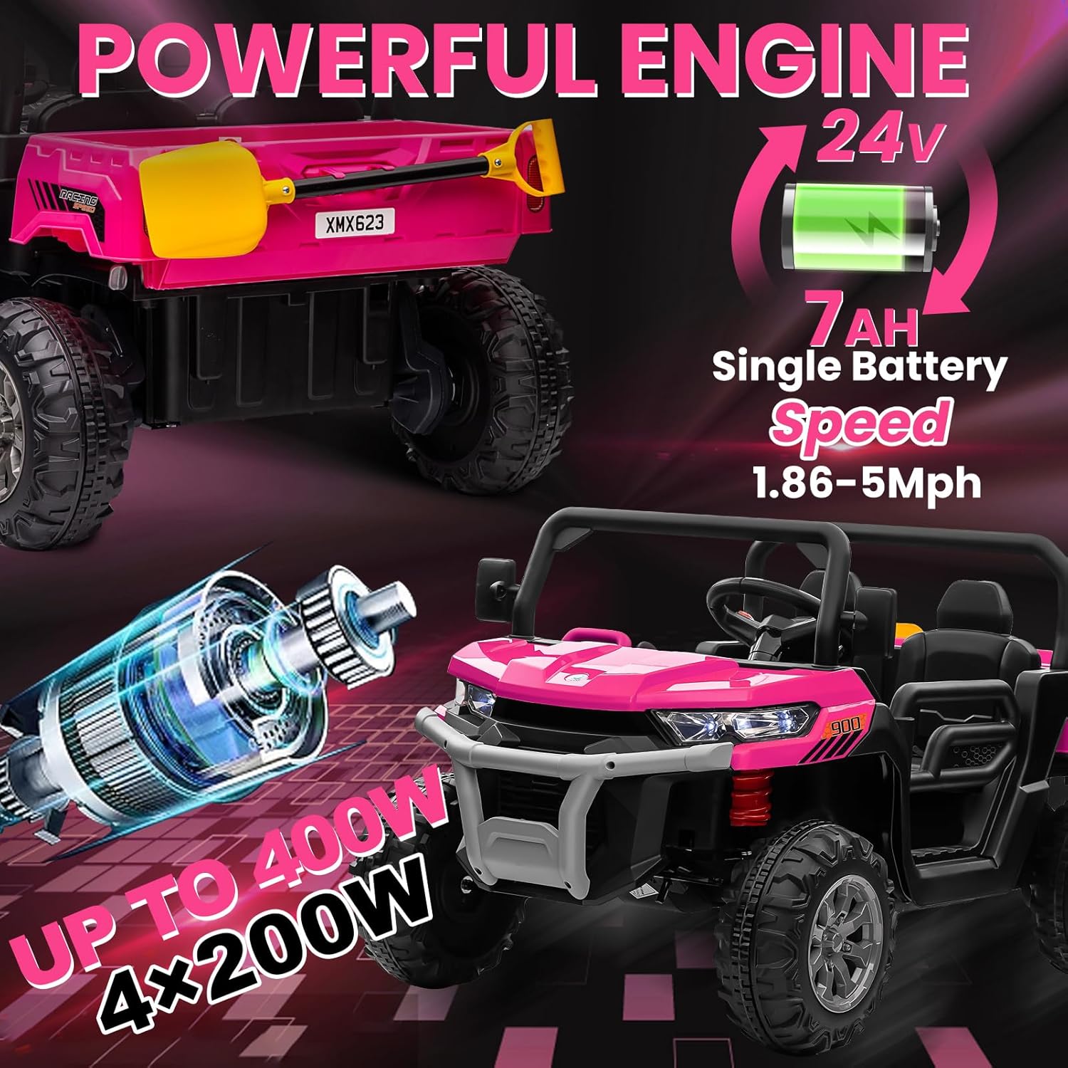 24V 4WD Ride on Truck Car w/4X200W Motor, Dump Bed, Gift Flower, 2 Seaters, Remote Control, 4 Wheeler, LED Light, Music, 24 Volt Ride on Toys for Big Kids Girls 3-8, Pink