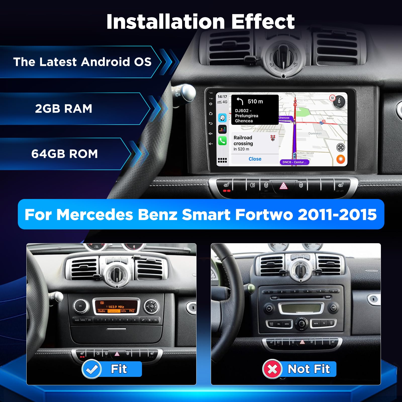 Autoradio Android per Mercedes Benz Smart Fortwo 2011-2015, 2+64G Stereo 9 Pollici con Wireless CarPlay & Android Auto, Navigatore GPS WiFi, Audio DSP, Supporto Telecamera Retromarcia AHD