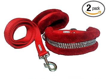 Petshop7 Nylon Nug Fur Padded Dog Collar & Dog Leash - Medium (Adjustable Neck Size : 14-17inch) Red
