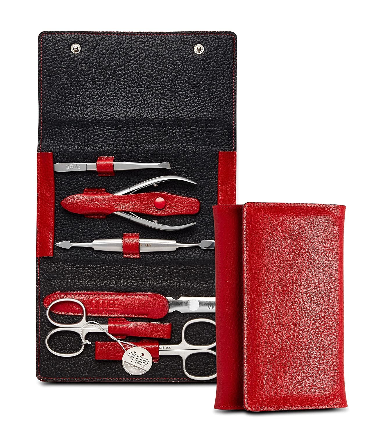 nippes Solingen Premium Line Wild Red, 6-częściowy zestaw do manicure, stal nierdzewna, nie zawiera niklu, etui ze skóry bydlęcej z zatrzaskami, czerwony/czarny, zestaw do pielęgnacji paznokci, Made