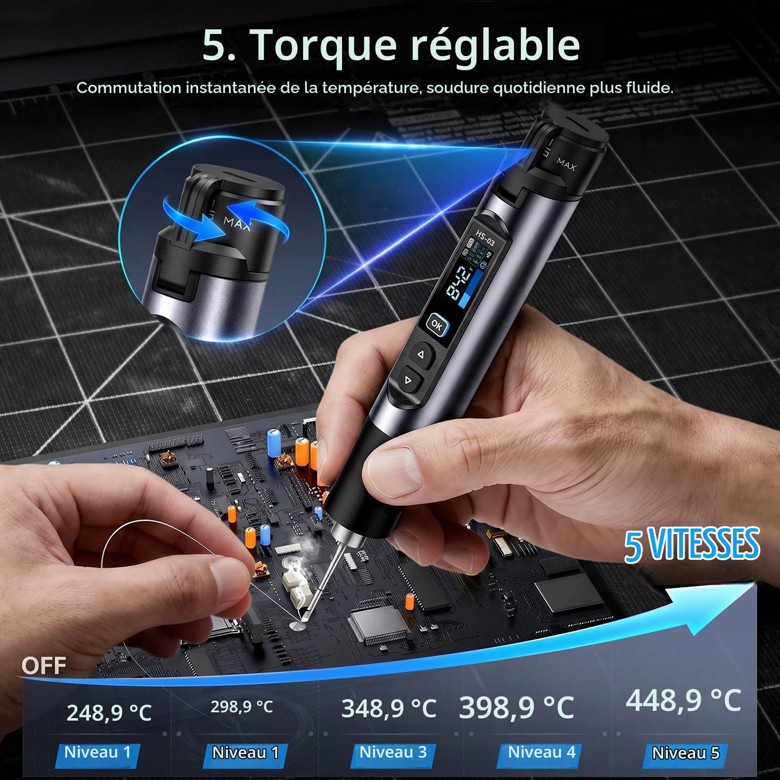 HS-03 Fer à Souder USB C, Kit Fer à Souder Sans Fil avec Écran IPS 0,96"