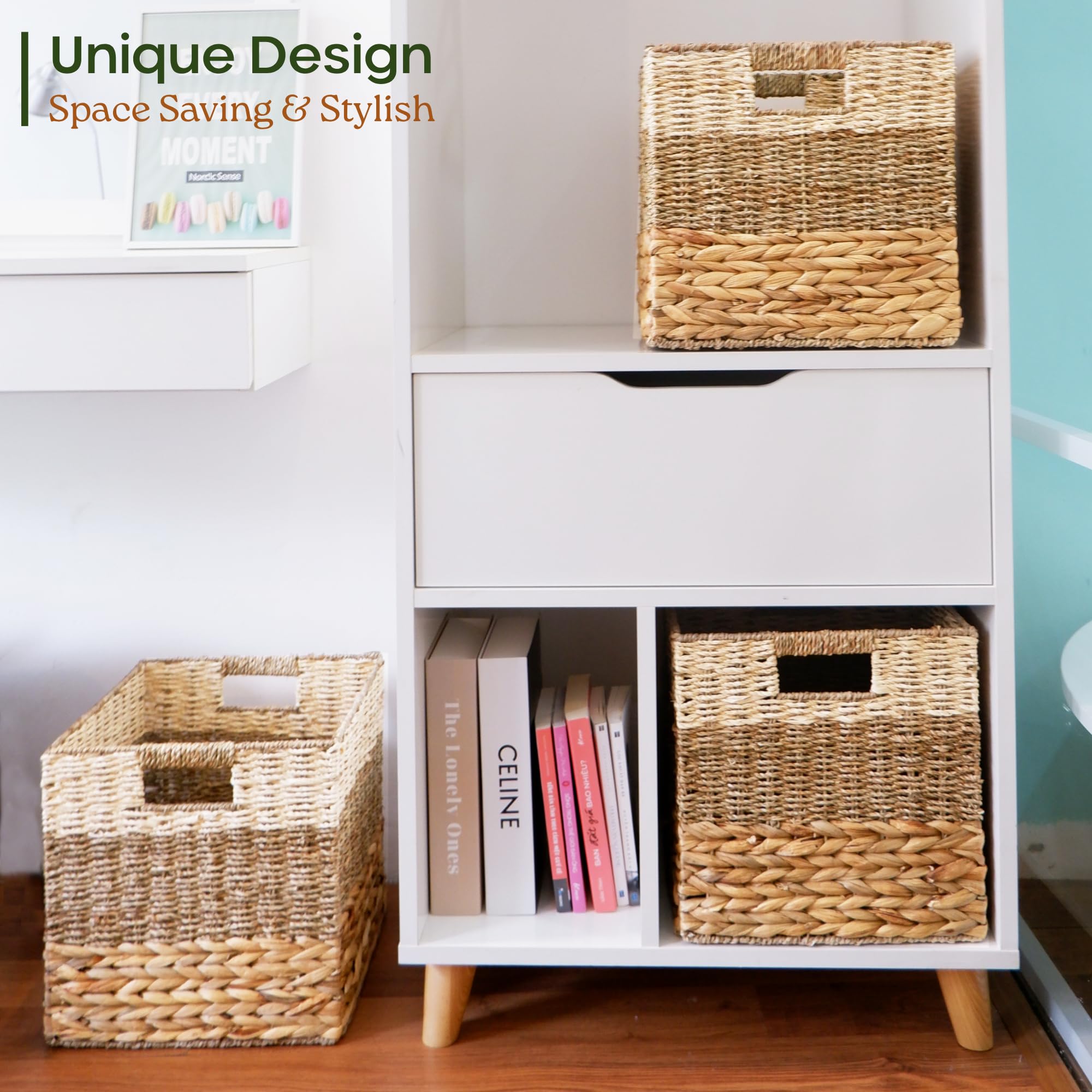 CHI AN HOME Weiden-Aufbewahrungswürfel, Set mit 4 strapazierfähigen Hyazinthenkörben für Regal, 30,5 x 30,5 cm, natürliche faltbare quadratische Körbe für IKEA Kallax, großer Rattankorb,