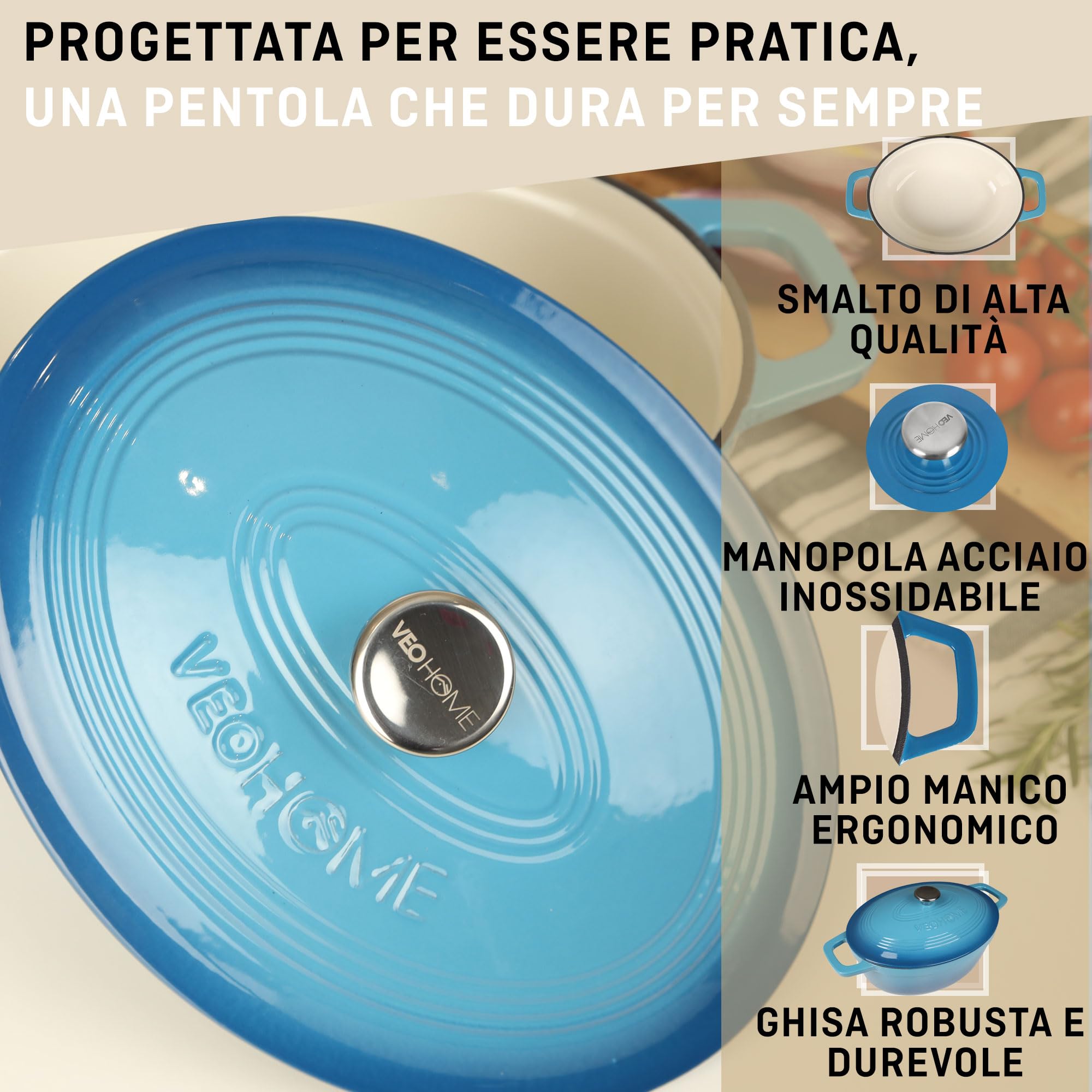 Casseruola in ghisa smaltata VeoHome Blu 6L Ovale, Robusta, Compatibile con Induzione / Gas / Forno, Cottura Omologa, Sapori Autentici, Coperchio in Rilievo